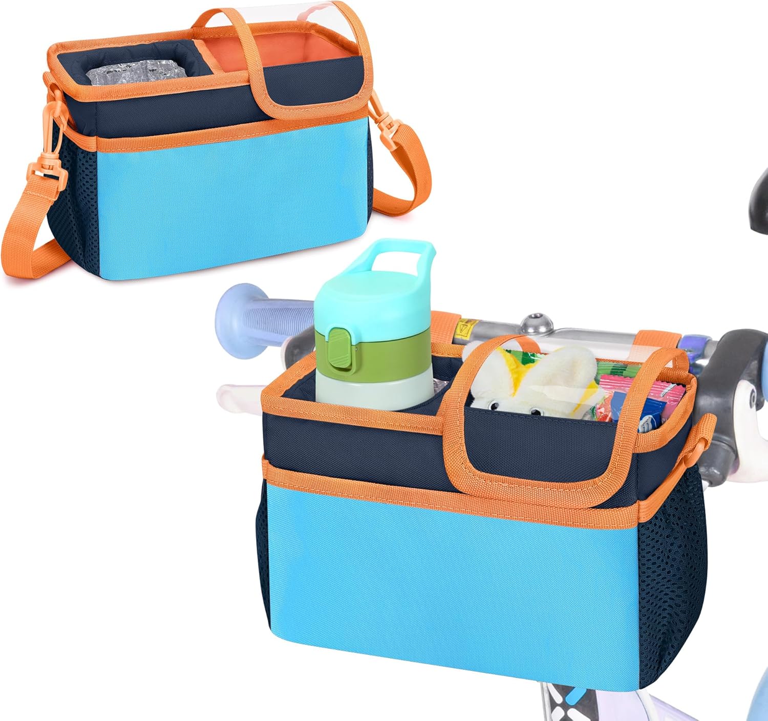 GRAOSO Kids Bike Basket Front, Scooter Bag, Cute Bicycle Accessories with Insulated Cup Holder for Boys Girls Children, Fit Most Handlebar, Tricycle, with Detachable Shoulder Strap