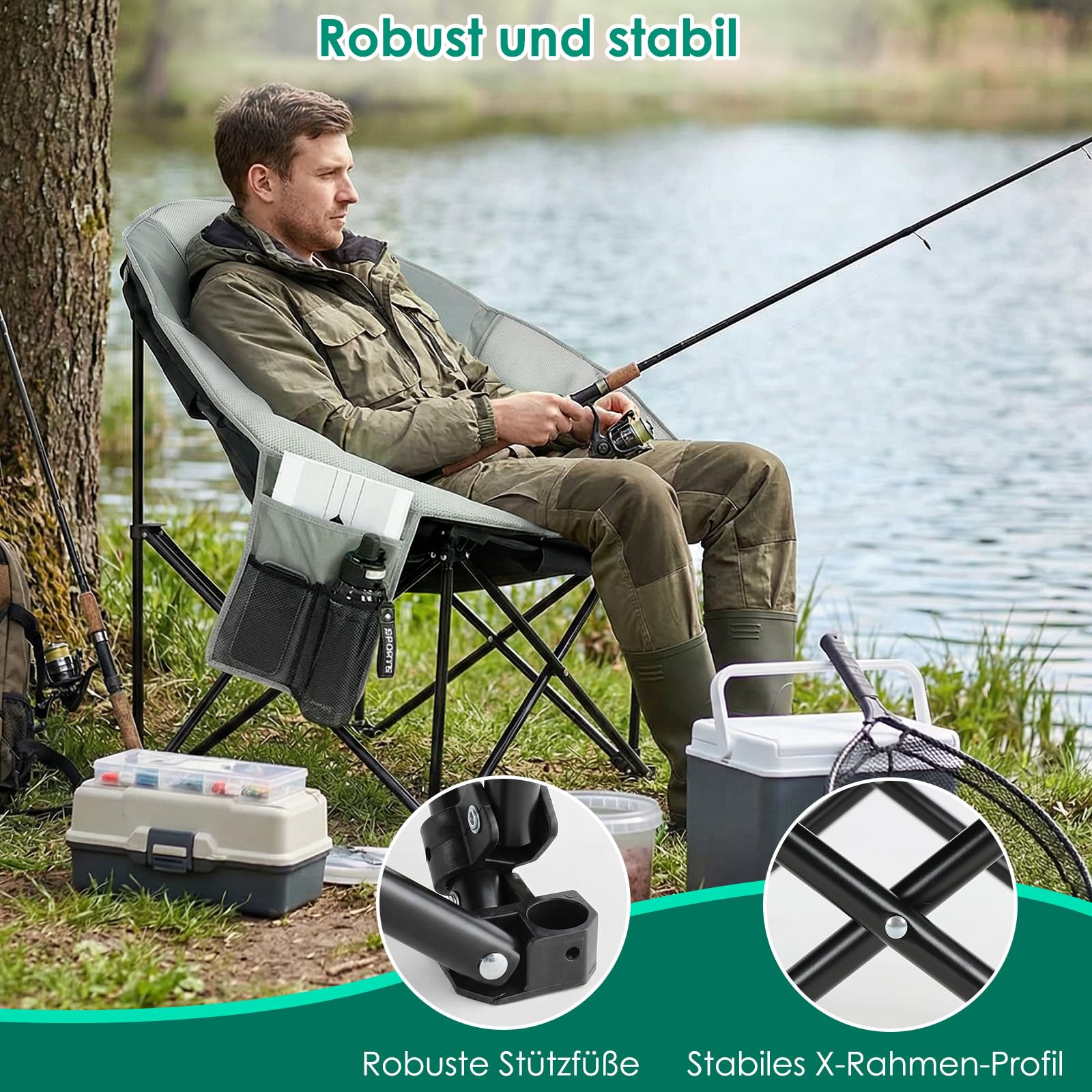LIFERUN Krzesło kempingowe, składane, 150 kg, wygodne oparcie, krzesło kempingowe, sofa kempingowa dla 1 osoby, lekkie, z torbą do przenoszenia, na piknik, do użytku na zewnątrz, do ogrodu, szare