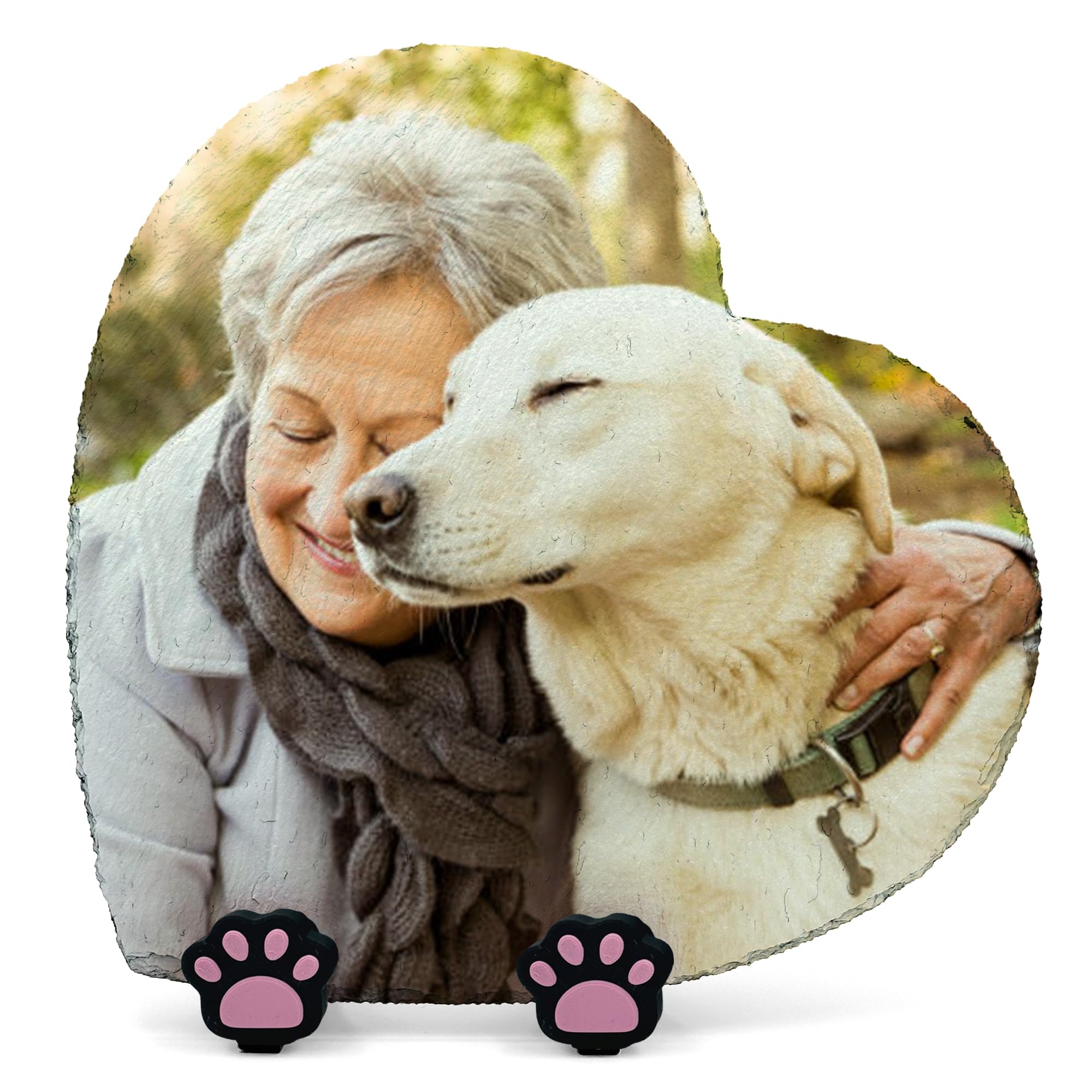 AIGAT Personalised Custom Heart Shape Memorial Plaque 9.8" x 9.8" / 25 x 25 cm With Paw Stand For Pet Cat Dog Slate Stone Grave Marker - Full Image Side