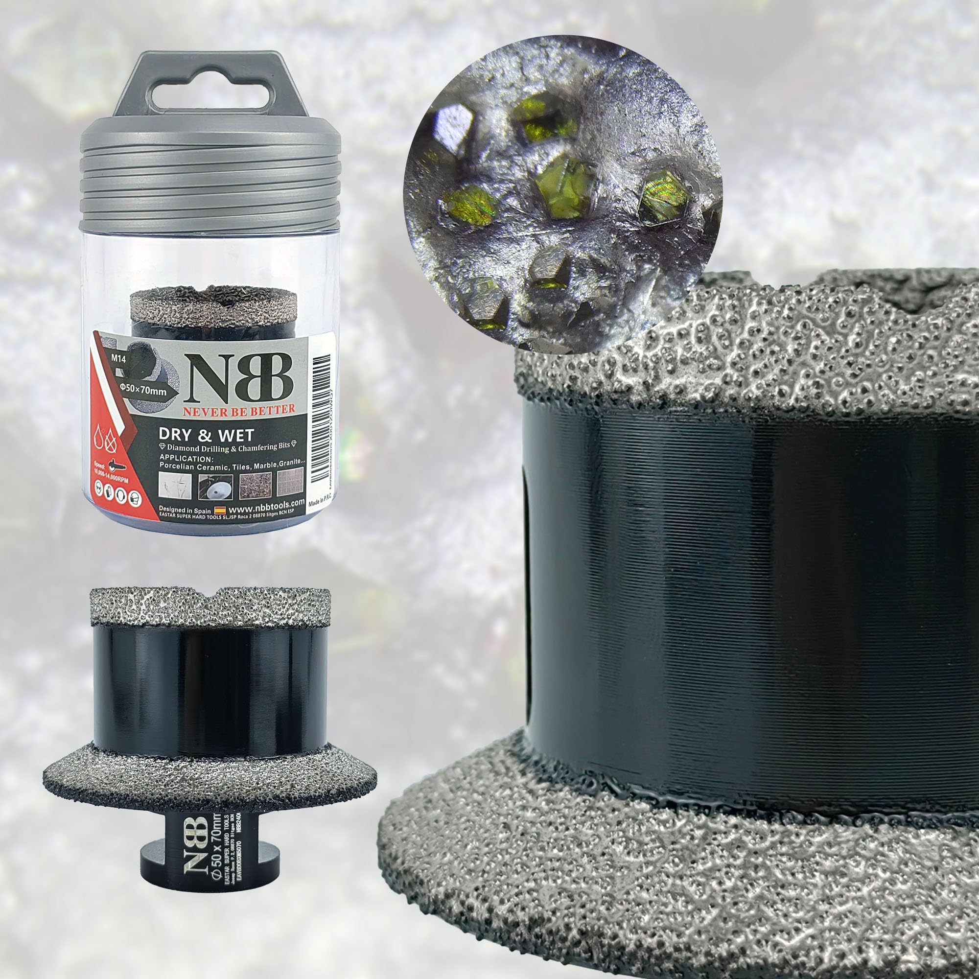 NBB Diamentowe fazowanie wiertła z M14 diamentowa korona diamentowa piła wiertnicza do wiercenia i profilowania drenażu w porcelanie ceramicznej płytki granitowe marmurowe płytki 2-w-1 (1, 50/70mm)