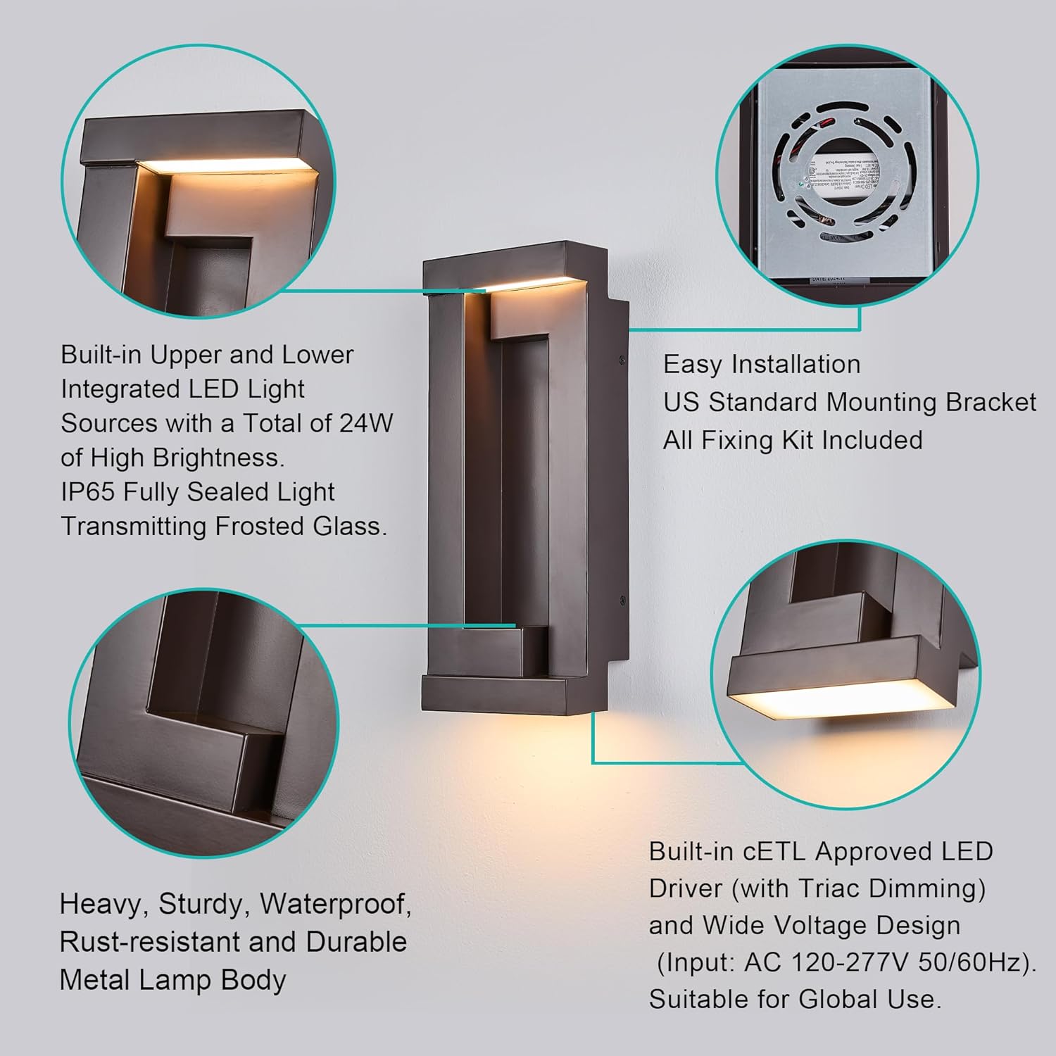 Modern Outdoor LED Wall Lights, 15" H Outside Art Wall Sconce, Bronze Wall Mount Fixture with Integrated LED 24W 2200LM 3000K, IP65 Waterproof Exterior Lamp for House, Porch, Garage