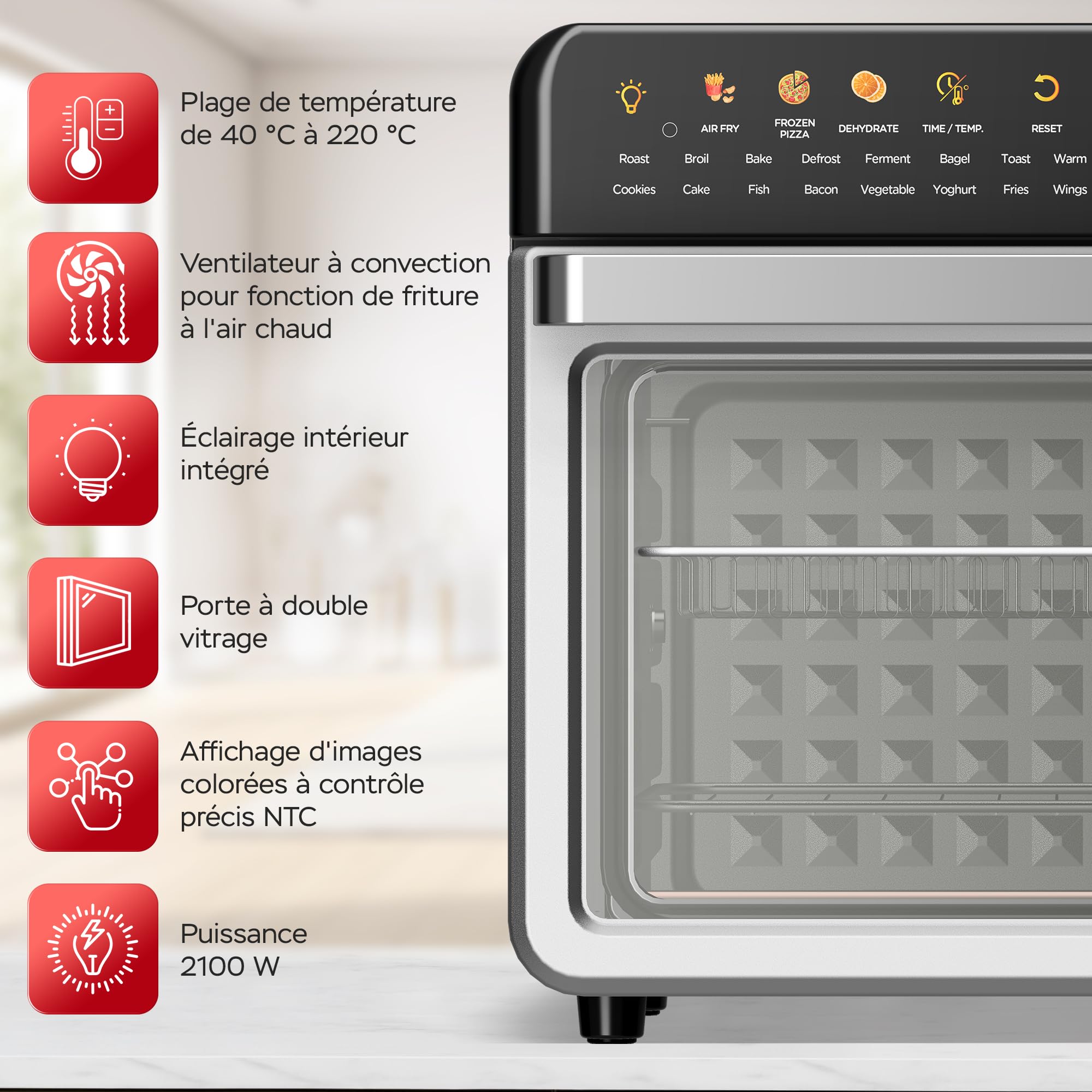 TurboTronic Four multi-intelligent, 19 en 1, four à air chaud, friteuse à air chaud, 2100 W, puissance 34 l, jusqu'à 0,5 kg de frites, mini four avec fonction déshydratation 40-230 °C, grill Airfryer
