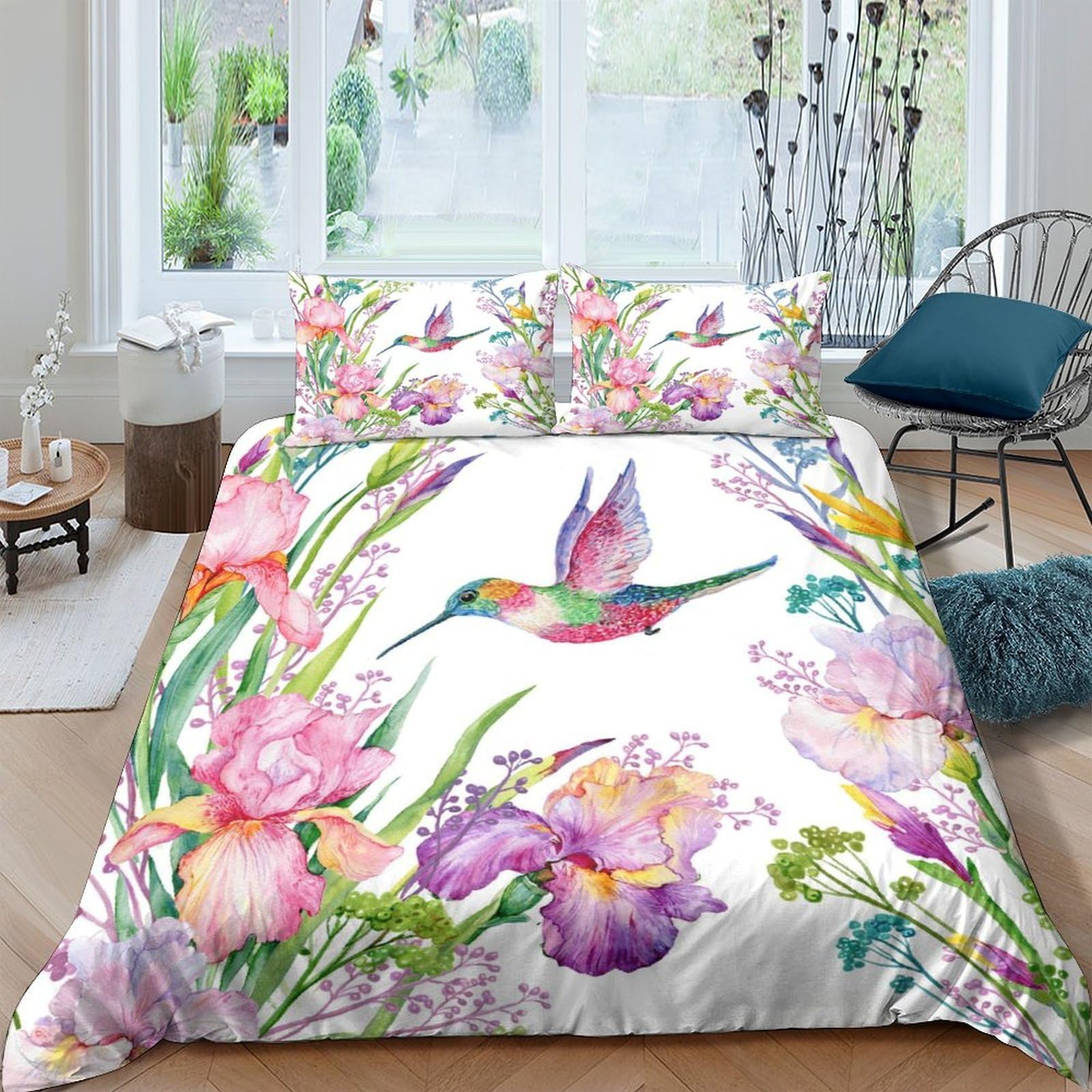 Ctjqhvkz Style-5 3D Printed Hummingbird Floral Fitted Sheet Microfiber Soft Pink Purple Mattress Cover For Bedroom Guest Room Decor Single（135X200cm）