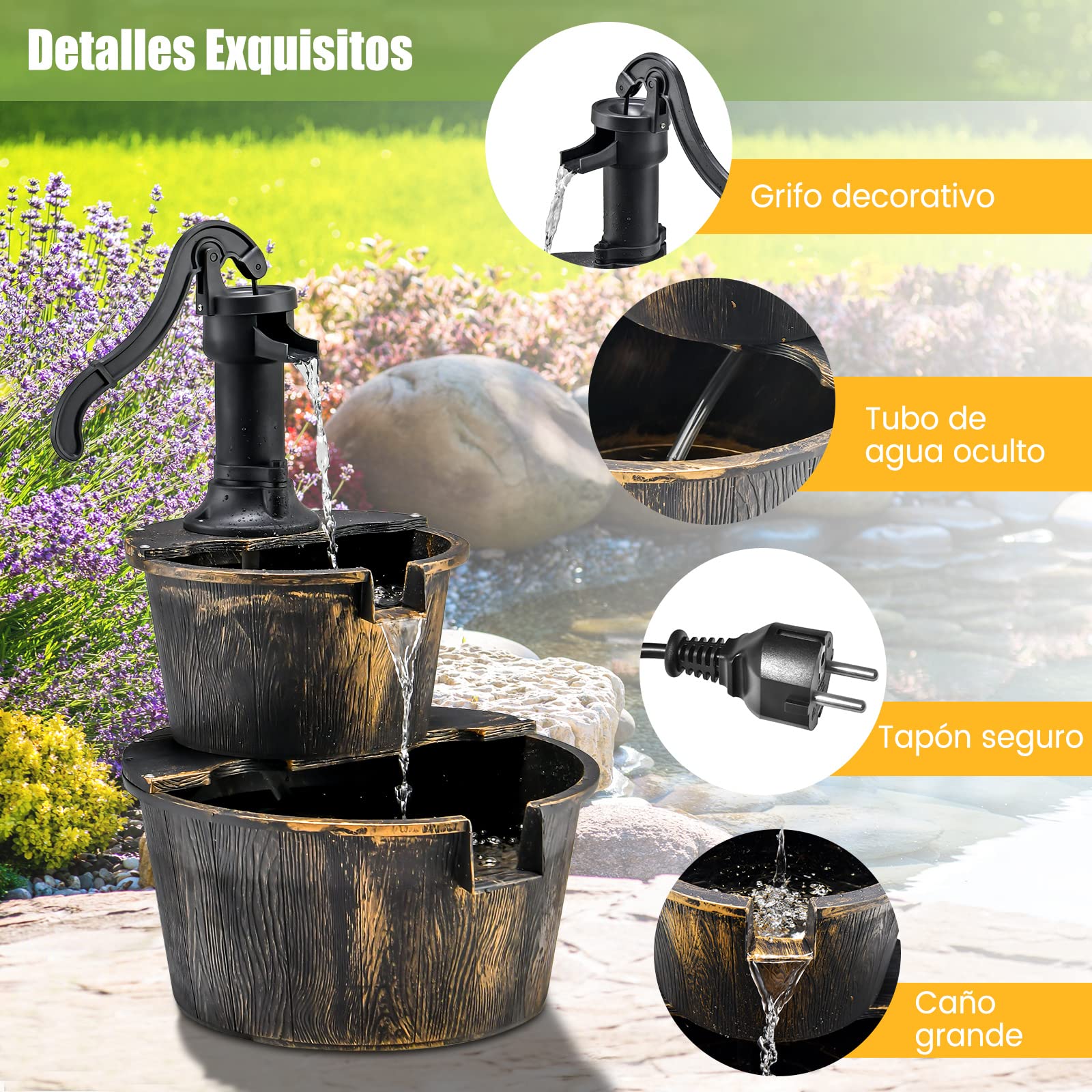 COSTWAY Fuente de Cascada de Barril al Aire Libre de 2 Niveles, Rústica con Bomba Ajustable, 68 cm para Jardín, Patio, Decoración