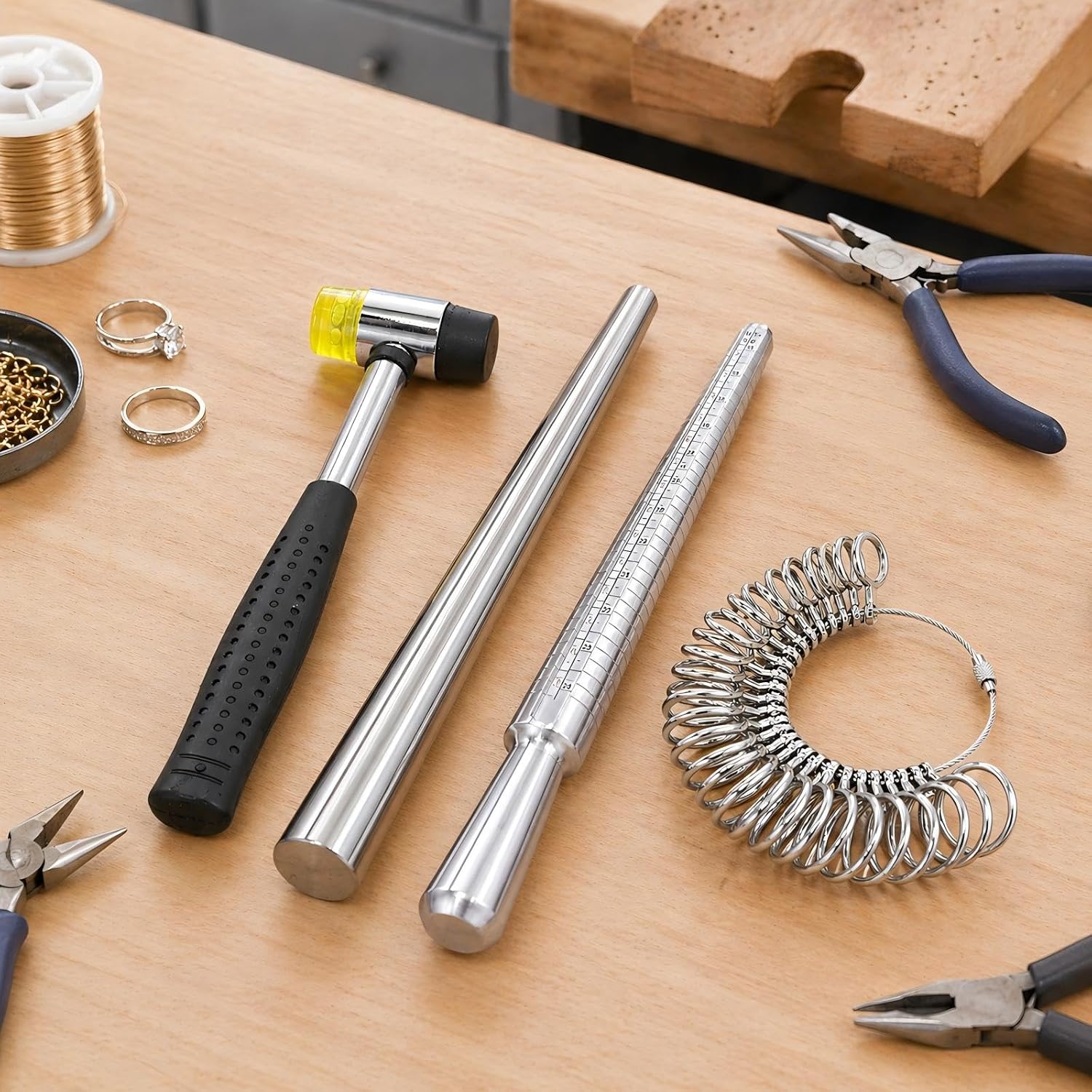 Ring Sizer Measuring Tool Ring Mandrel Set Ring Sizer Tool Ring Sizer Gauge US&UK Size Ring Mandrel Stainless Steel Rubber Jewelers Mallet Hammer