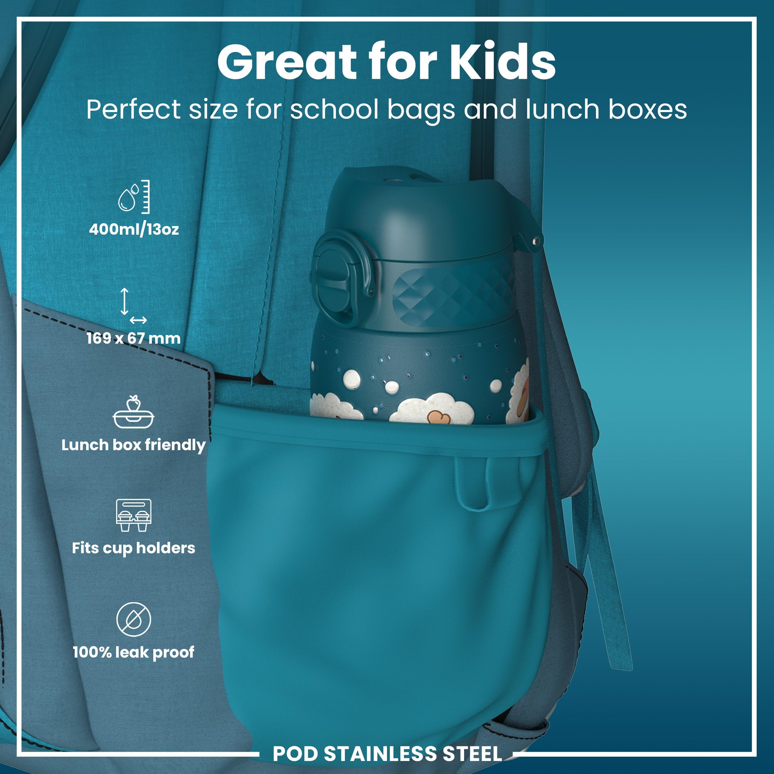 Ion8 Kids Water Bottle, Steel 400 ml/13 oz, Leak Proof, Easy to Open, Secure Lock, Dishwasher Safe, Flip Cover, Carry Handle, Easy Clean, Durable, Scratch Resistant, Raised Print, Dog Dreaming Design