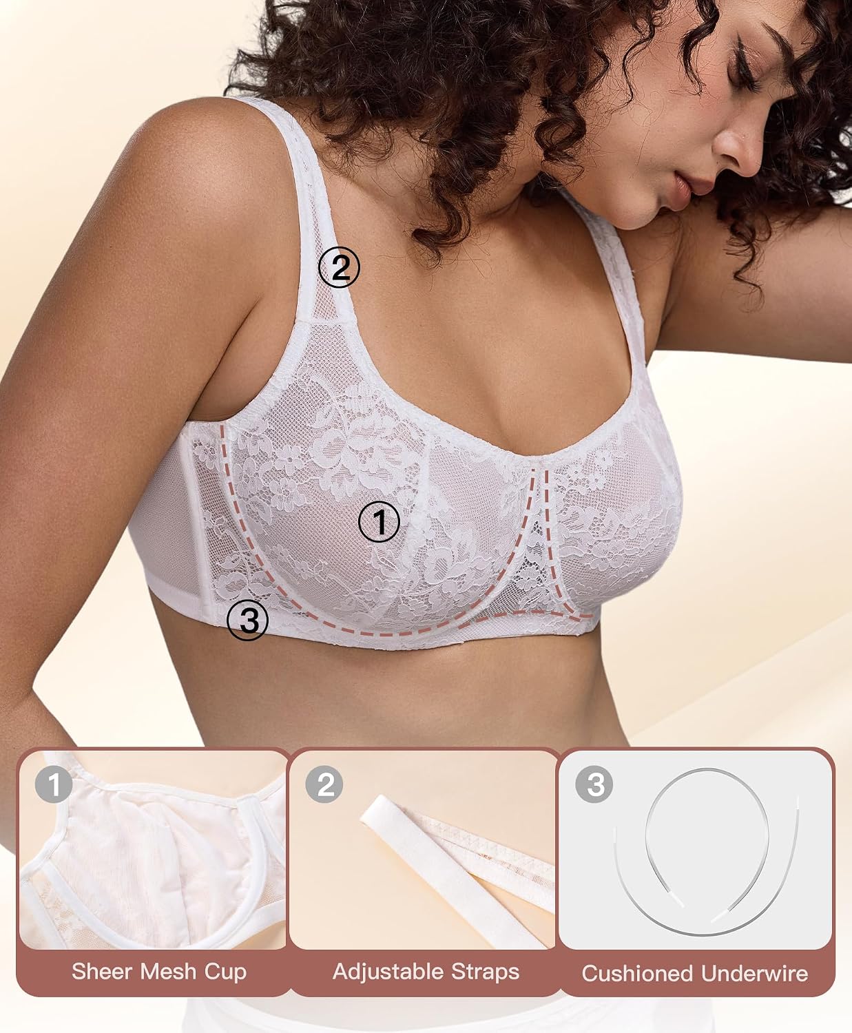 Women's Unlined Balconette Bras Sheer Lace Underwire Support Square Neck Plus Size Push Up Bras