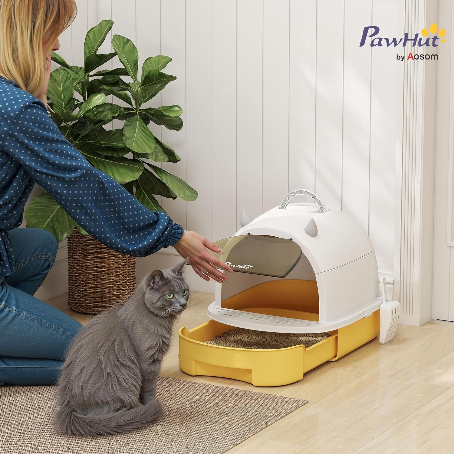 PawHut Cat Litter Box, Covered Kitty Litter Box with Lid, Scoop, Deodorizing Bags for Odor Control, Privacy, Portable, Easy to Clean, Yellow