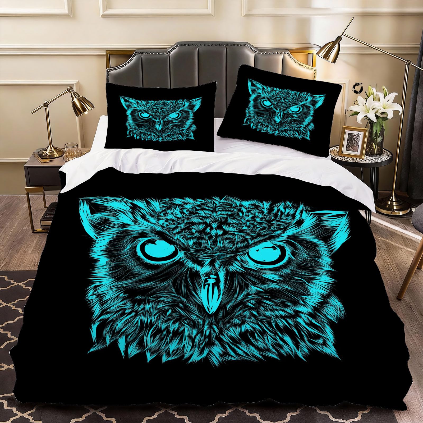 3D Owl Duvet Cover Childrens and Adults Bedding Super King Bed Set, Soft Microfiber Comforter Cover Printed with Zipper Closure Quilt Coverr 260x220 cm and 2 Pillowcases