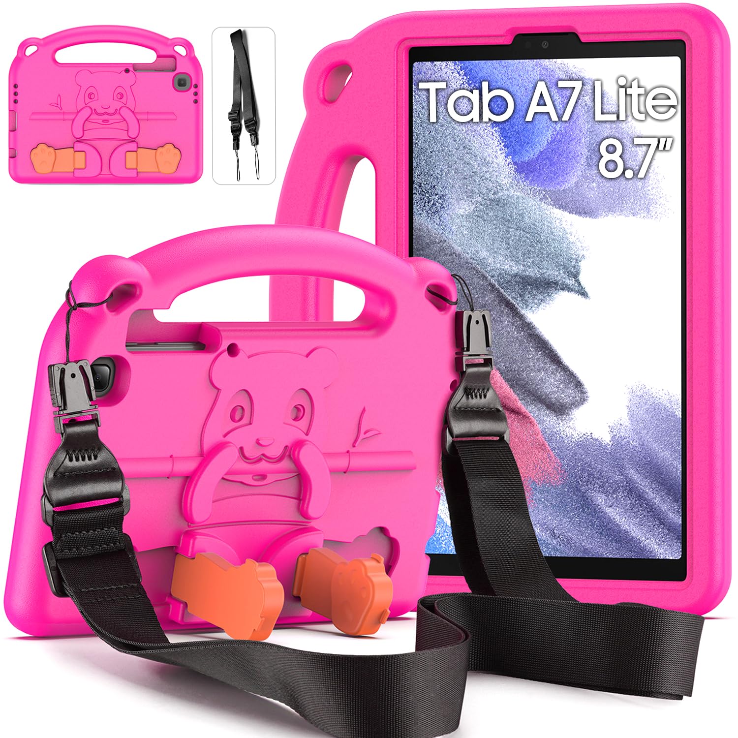 DUZZONAKids Case for Samsung Galaxy Tab A7 Lite 8.7 Inch Tablet (SM-T220/T225/T227), Light Weight Shockproof Case with Shoulder Strap, Handle Kickstand Protective Case for Tab A7 Lite, Rose Pink
