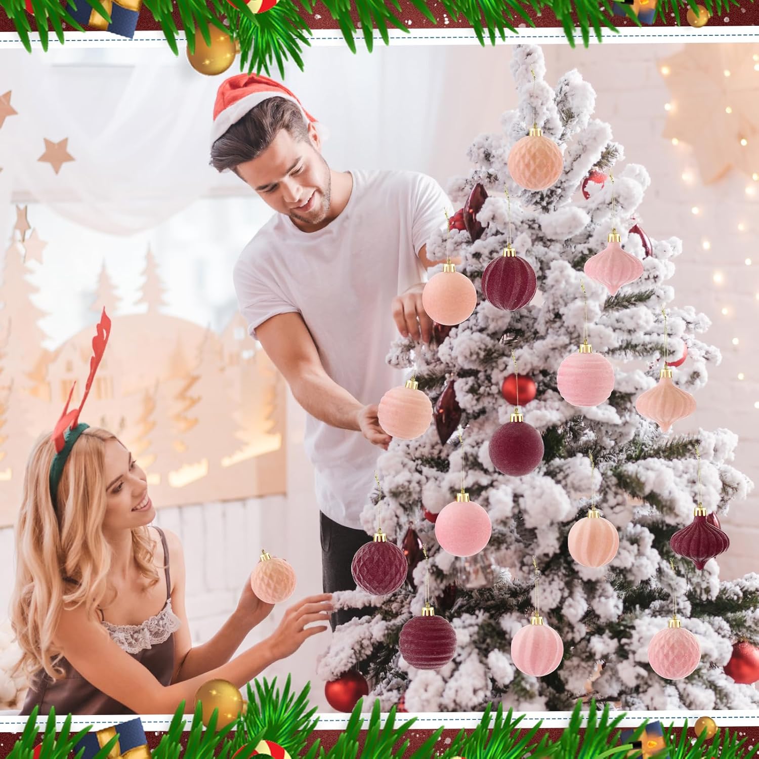 Syhood 30 Pcs Velvet Christmas Balls 2.36'' Flocked Christmas Tree Ball Ornaments 5 Styles Flocked Ornaments Assortment for Xmas Tree Decoration Holiday Party (Light Purple, Blush Pink, Plum)