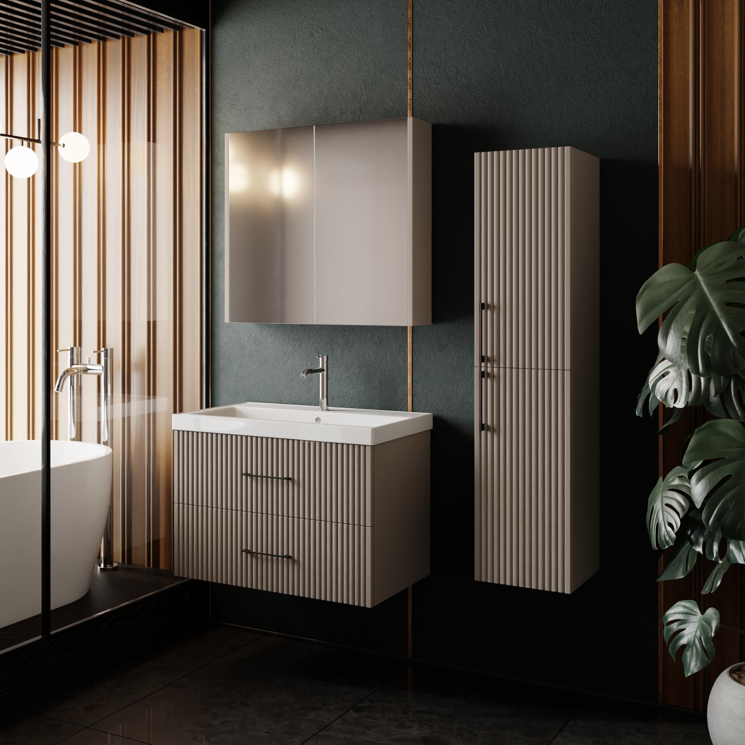 Badmöbel Set Liana 80 | Keramikwaschbecken | Unterschrank | Spiegelschrank | Softclose-Schubladen & -Türen | Riffeloptik & Bügelgriffe | Eleganter Stil | Badmöbel | Waschtisch mit Unterschrank 80 cm