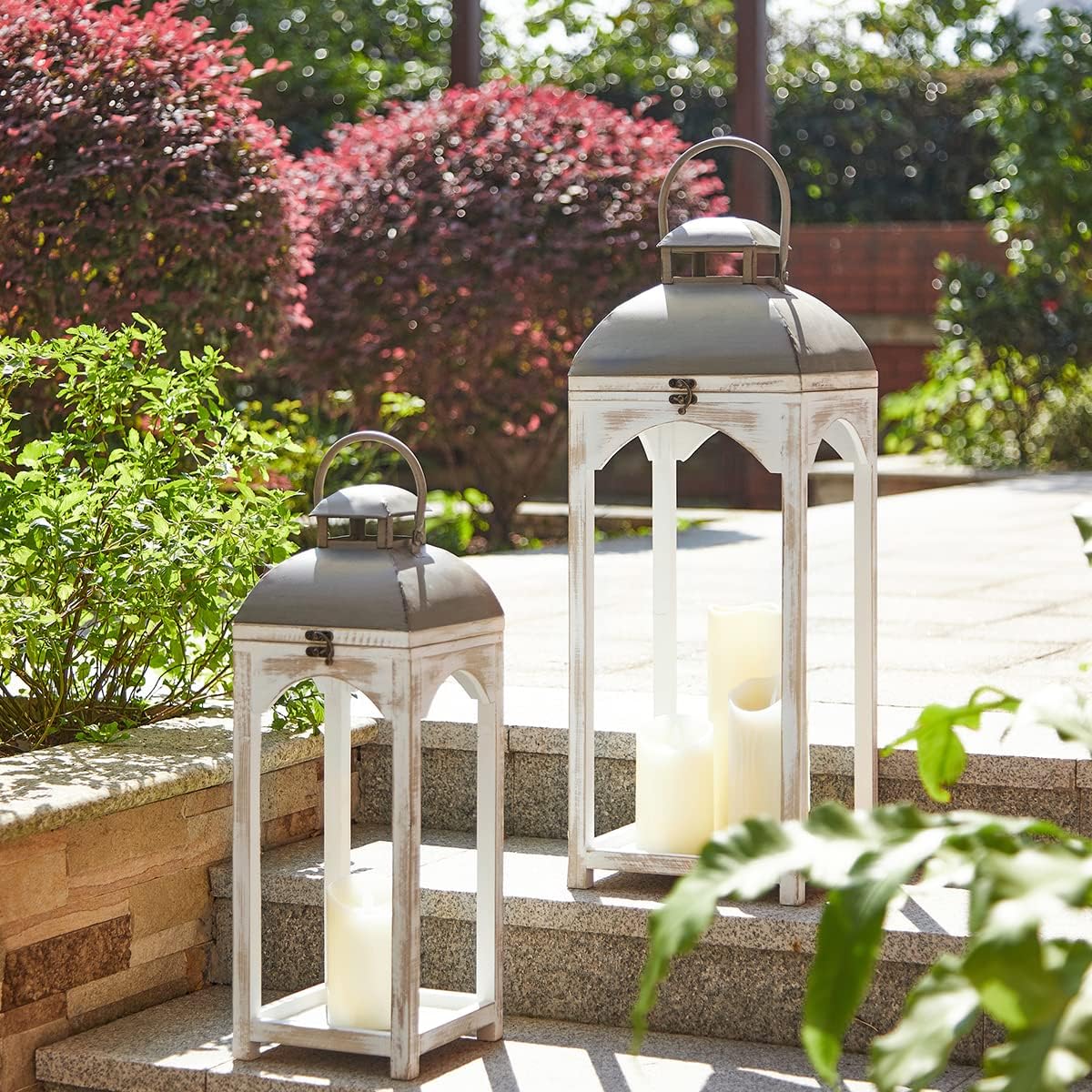 Glitzhome Set of 2 Mondern Farmhouse Wood Metal Lanterns Decorative Candle Lanterns, White (No Glass) Distressed White