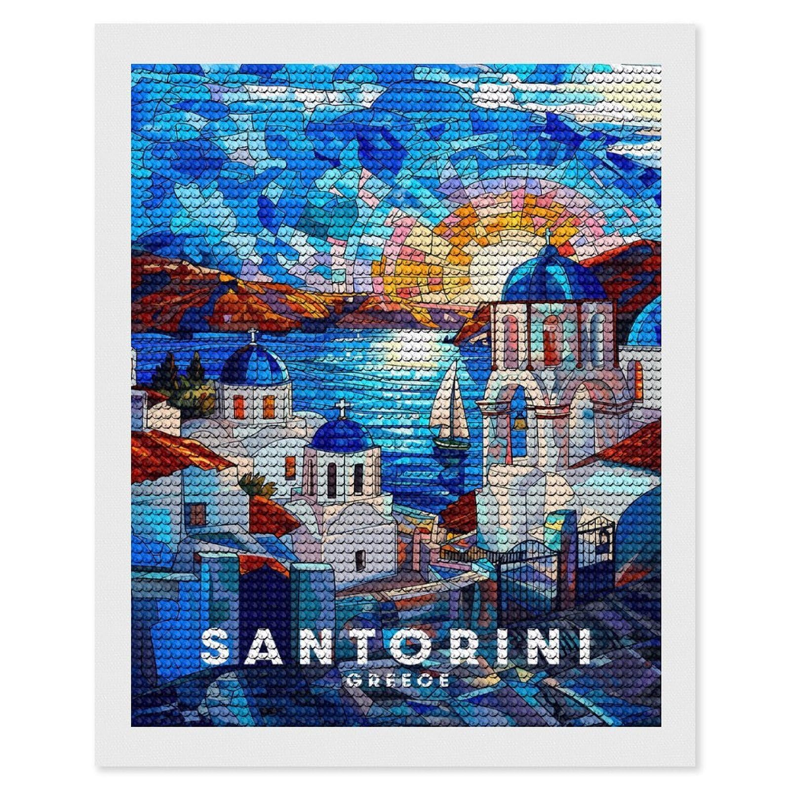 Junmoney Santorini DIY Diamond Art Canvas Kit 16"x20", Pleasing Wall Art Project, Easy Handmade Project, Living Room Decor