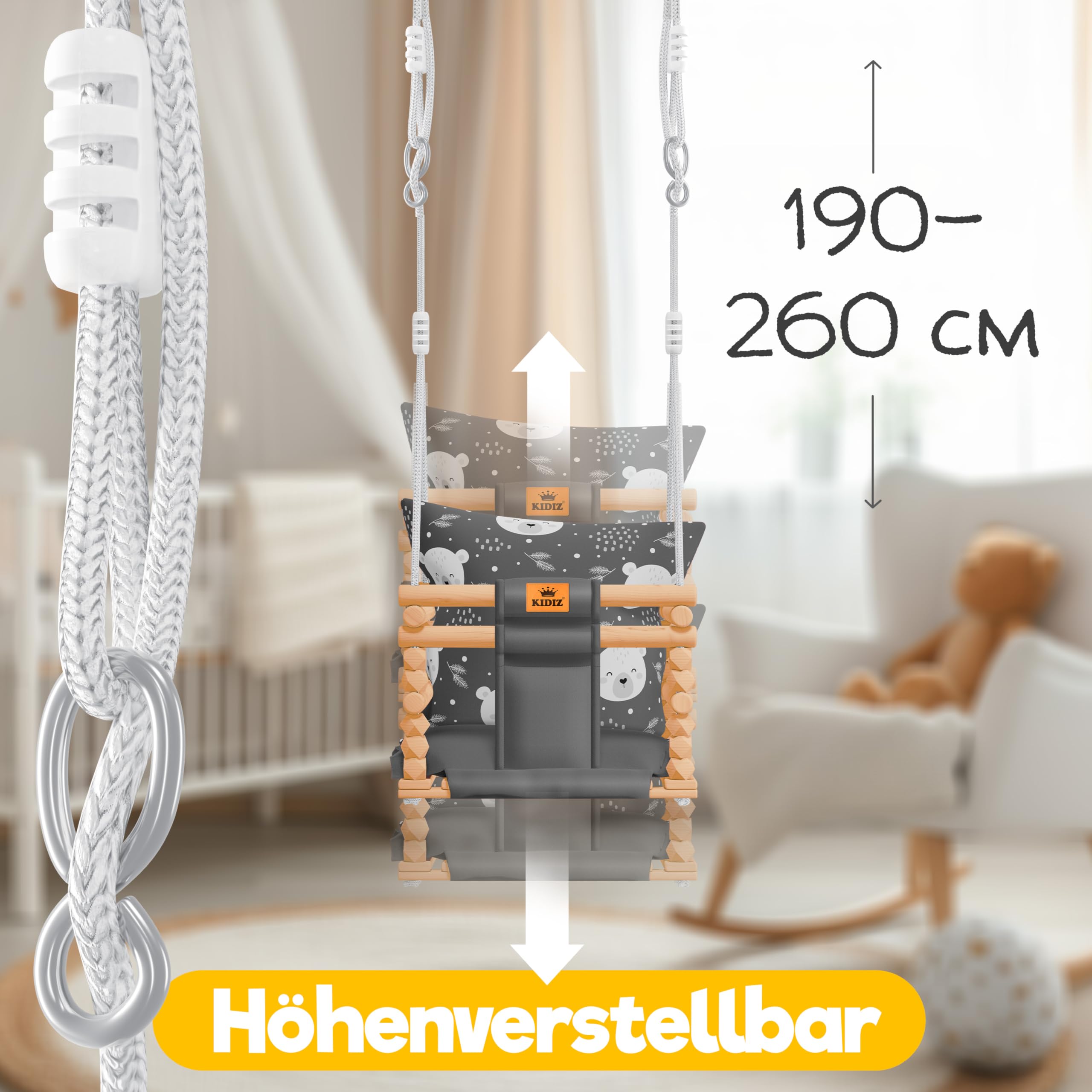 KIDIZ Columpio De Madera Para Bebés – Altura Ajustable 190-260 Cm, Arnés De Seguridad, Cojín Extraíble, Hasta 60 Kg