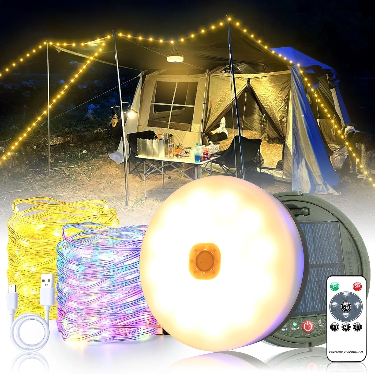 – Stowable String Lights 10M,Solar Camping String Lights Reel,USB Rechargeable,3600mAh,Retractable Solar String Lights for Tent Camping Yard Garden Hiking Travel Decorations,Warm White+Color