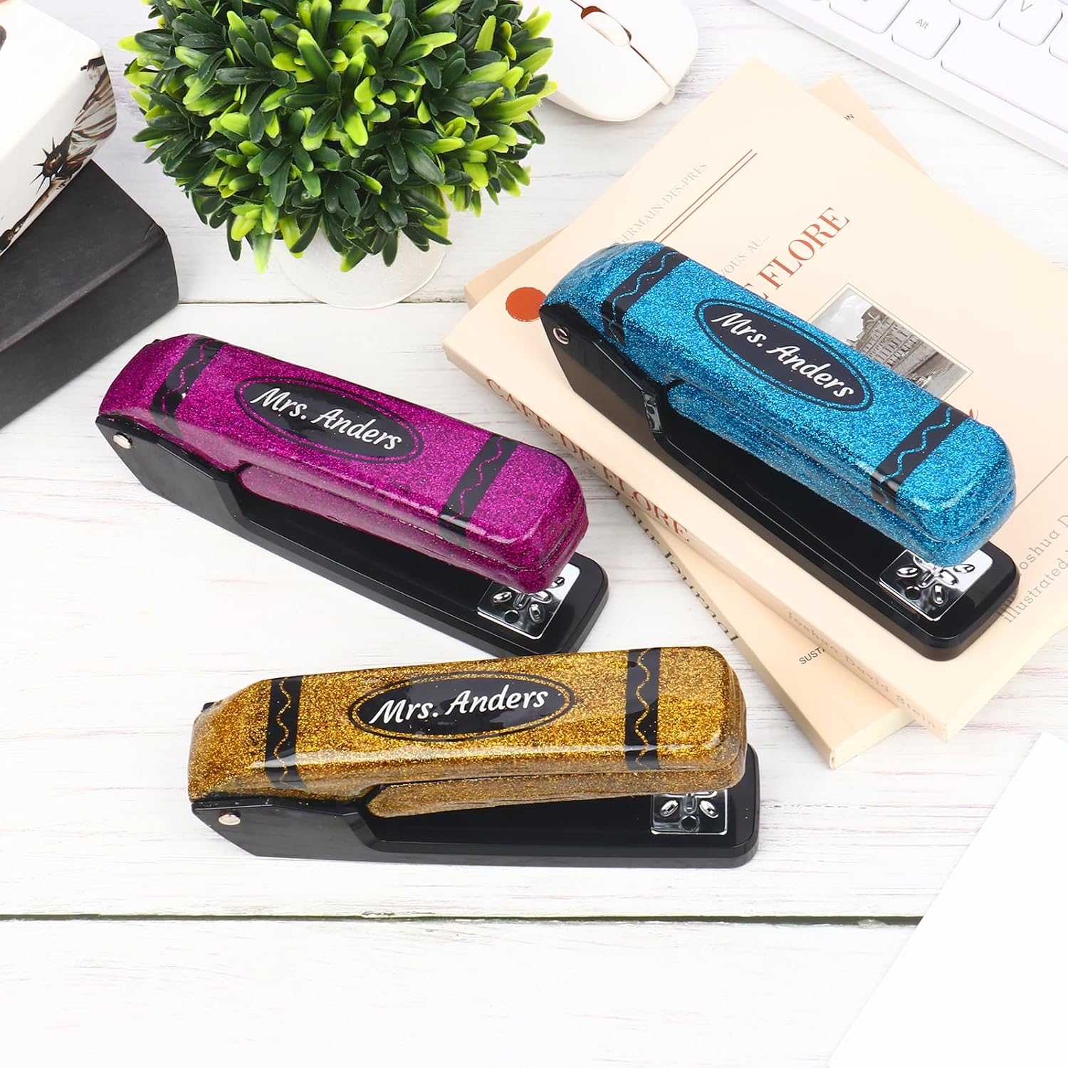 Personalized Glitter Stapler with Crayon Design,Custom Name Rotatable Stapler,Gift for Teacher (Personalized)