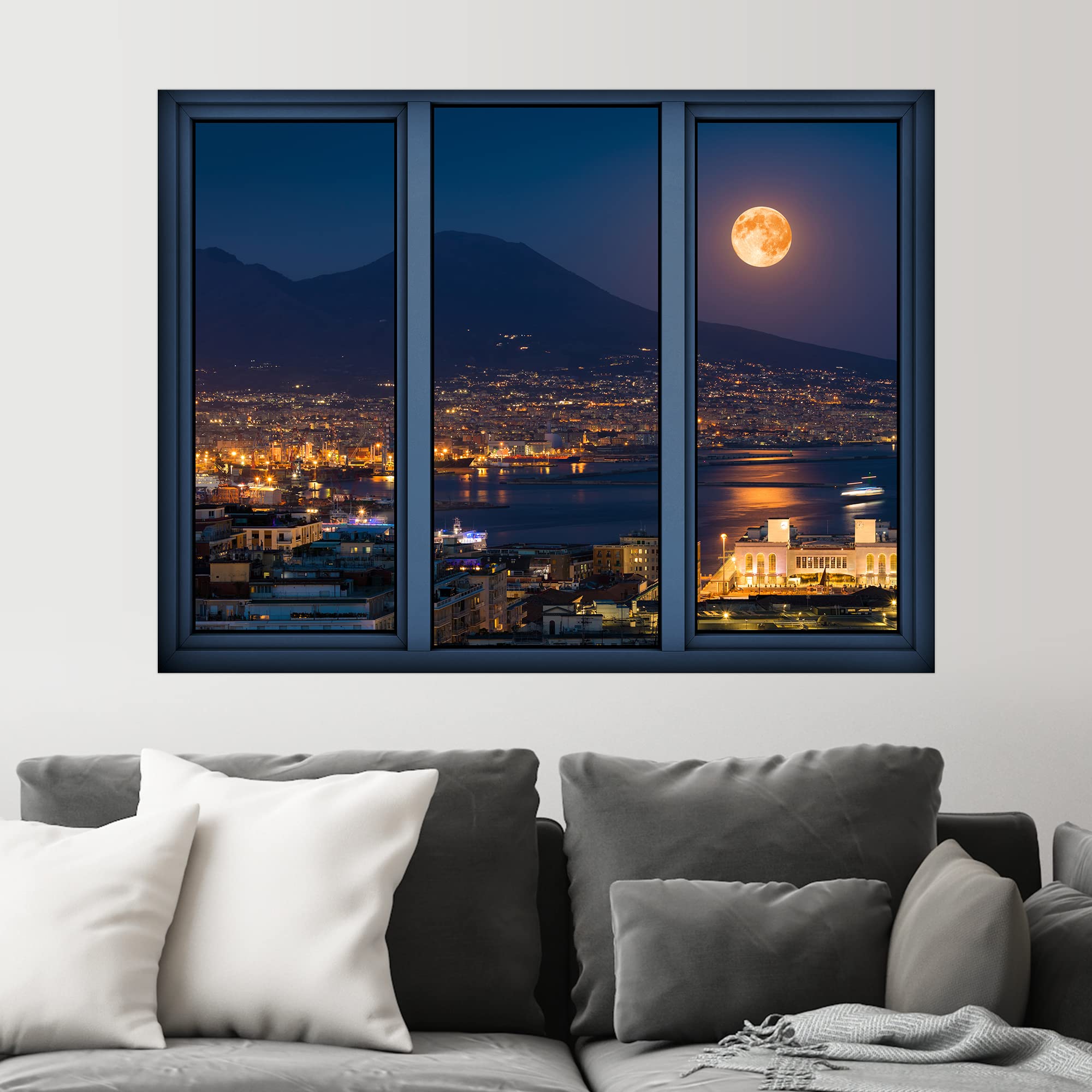 SIGNWIN Removable Wall Sticker/Wall Mural Window View Harvest Moon Neon Light City Nature Wilderness Photography Realism Decorative Landscape Digital