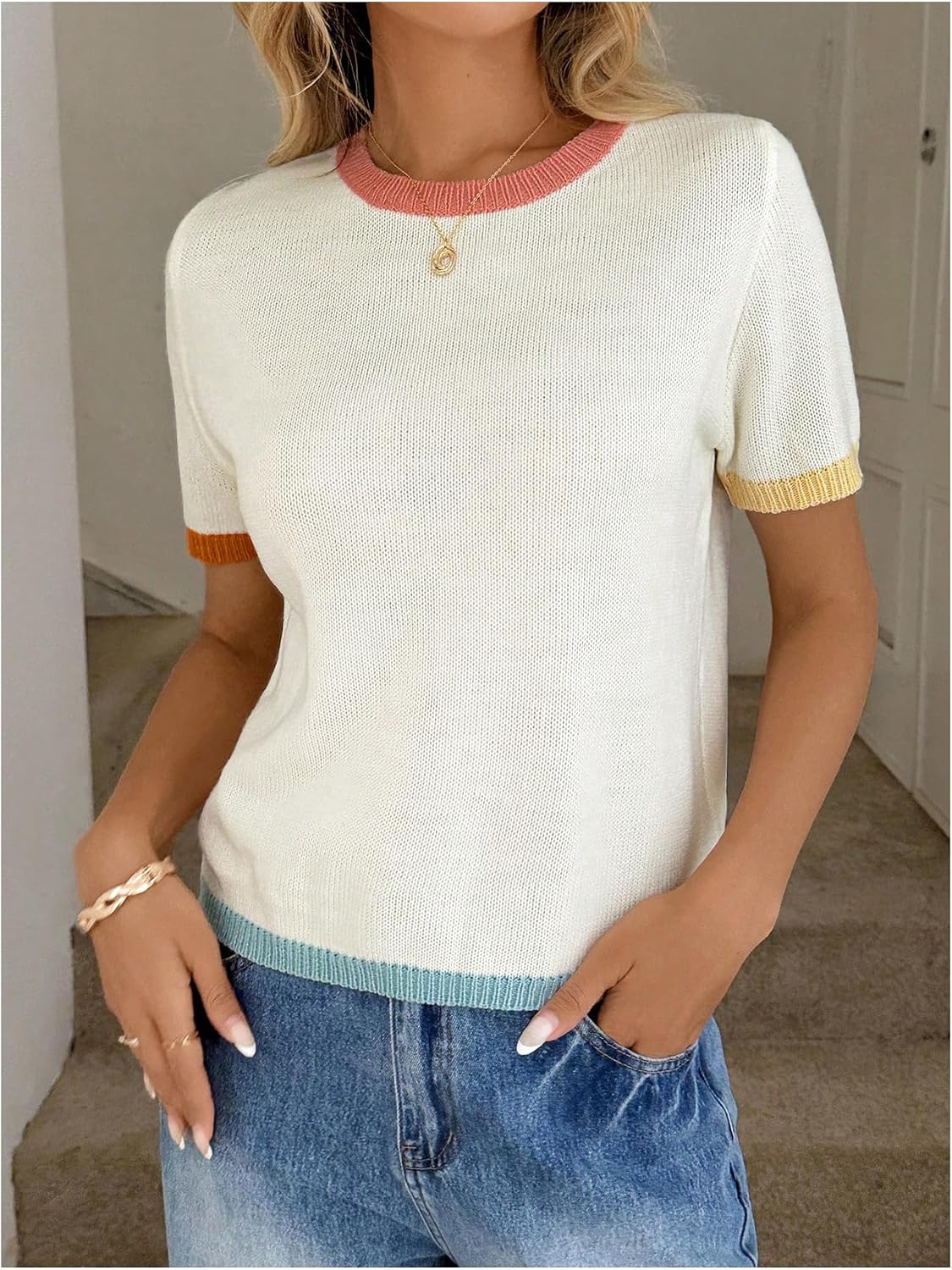 SOLY HUX Women's Short Sleeve Sweater Crewneck Pullover Ribbed Knit Summer Tops Knitwear