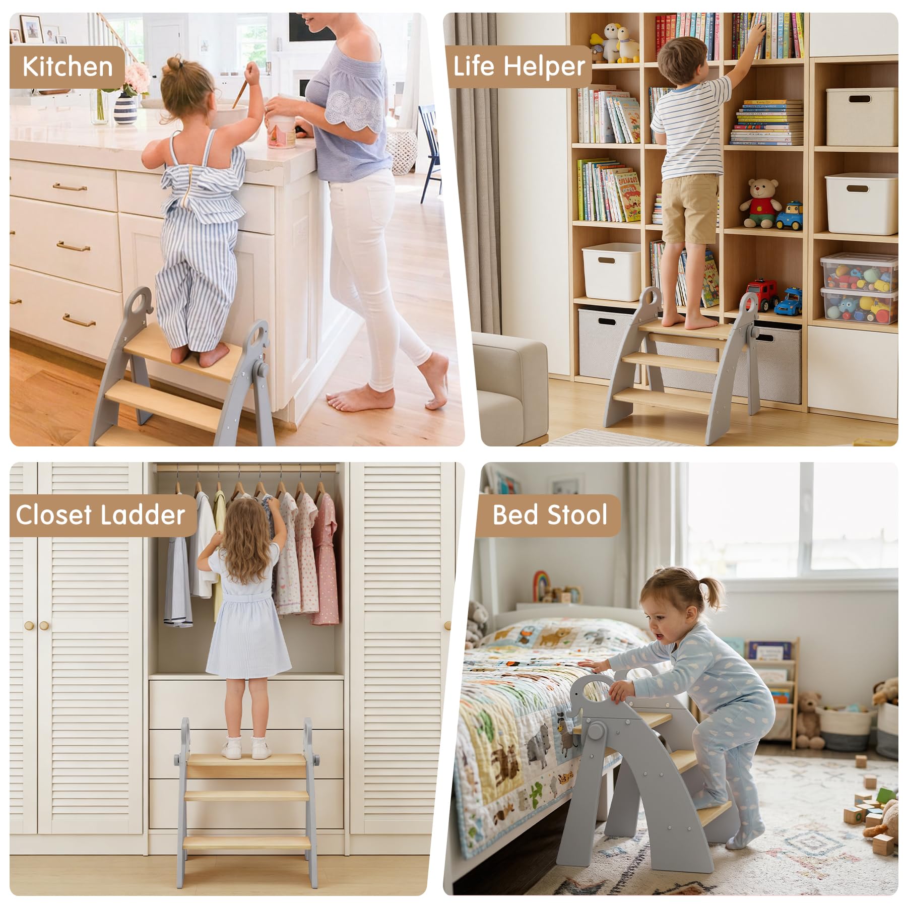 Tritthocker für Kinder Holz, 3 Stufen Kinderschemel, Trittschemel für Baby, Faltbar, Multifunktional, für Bad, Kleinkinderzimmer, Küche