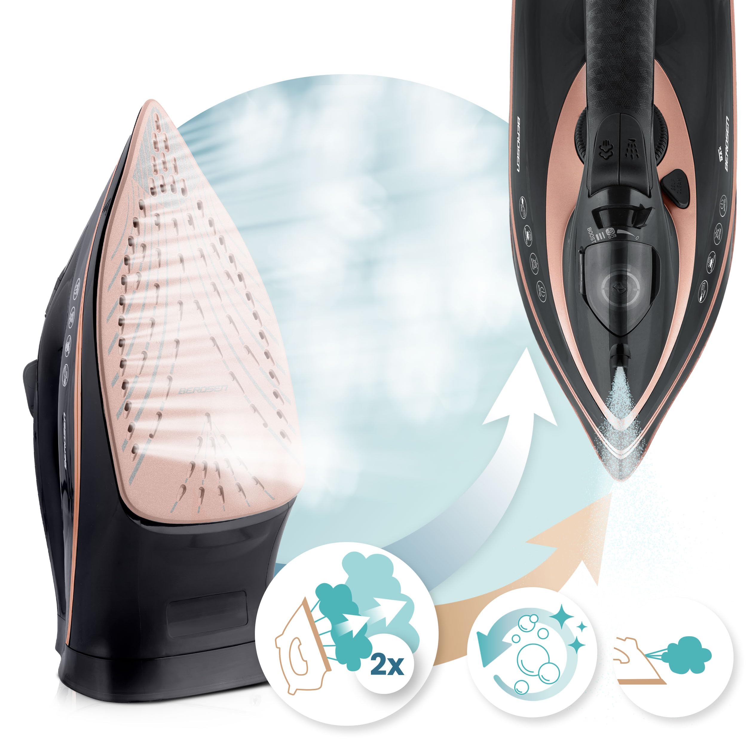 Berdsen Plancha de vapor, 3000 W, 10 en 1, con suela de cerámica, depósito de agua de 360 ml, doble golpe de vapor, color negro