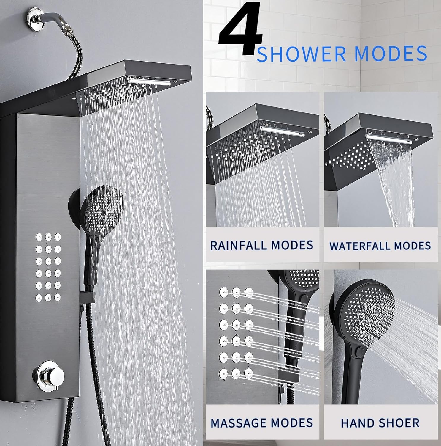Shower Panel Tower System,Rain Shower Head Rainfall Waterfall Shower,Handheld High Pressure Rain Massage System(Black)