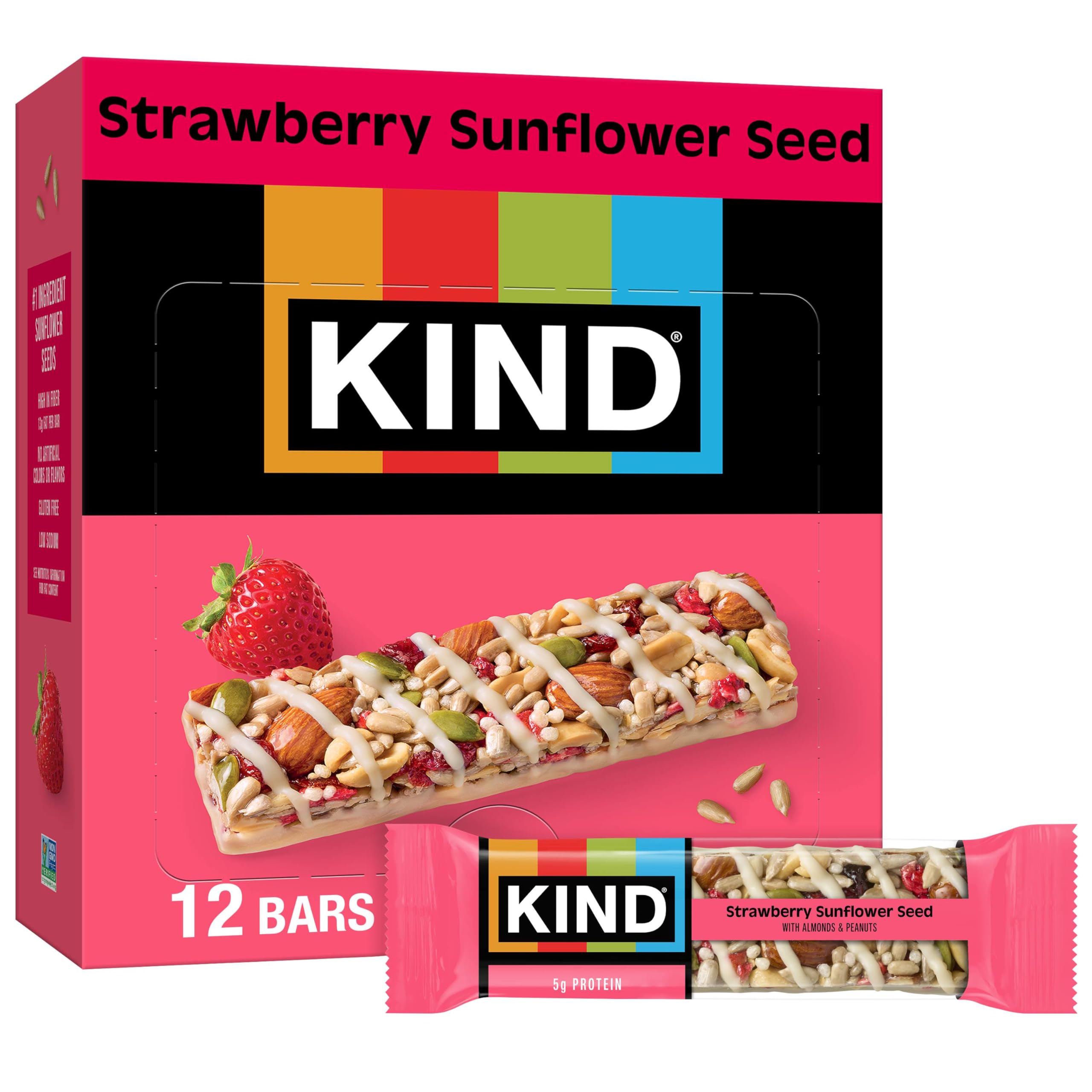 KIND Seeds Fruit & Nuts Snack Bar, Strawberry Sunflower Seed | 5g Protein, High Fiber, Gluten Free Bars, 1.4 OZ, 12 Count