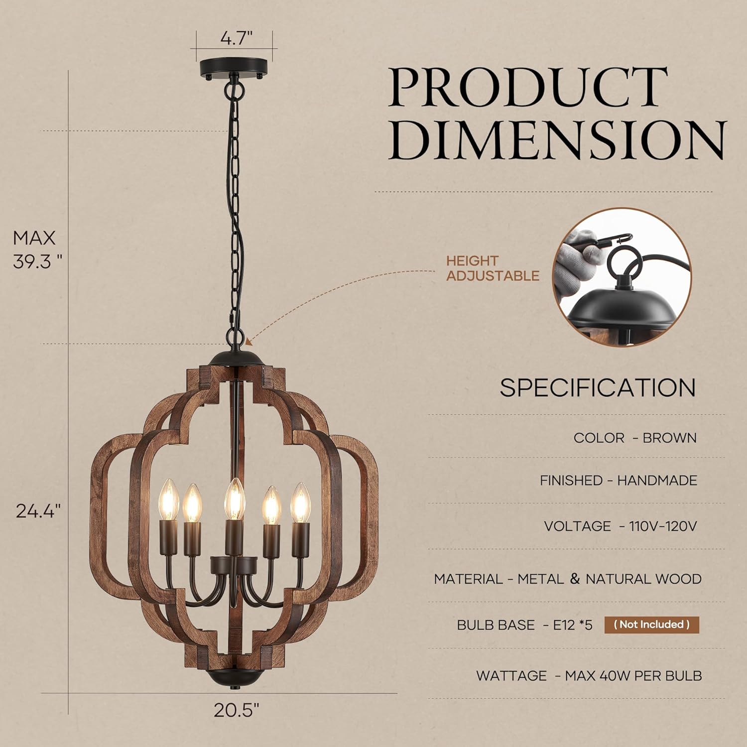 20.5" Farmhouse Vintage Chandelier 5-Light for Dining Room Rustic Handmade Wood Hanging Ceiling Pendant Light Fixture for Entryway Brown Retro Chandeliers for Kitchen Bedroom Foyer Hallway