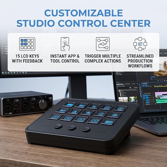 Stream Controller with 15 Customizable LCD Keys, Plug and Play Control Deck Hotkey Panel for Streamers Content Creators Compatible with OBS Discord