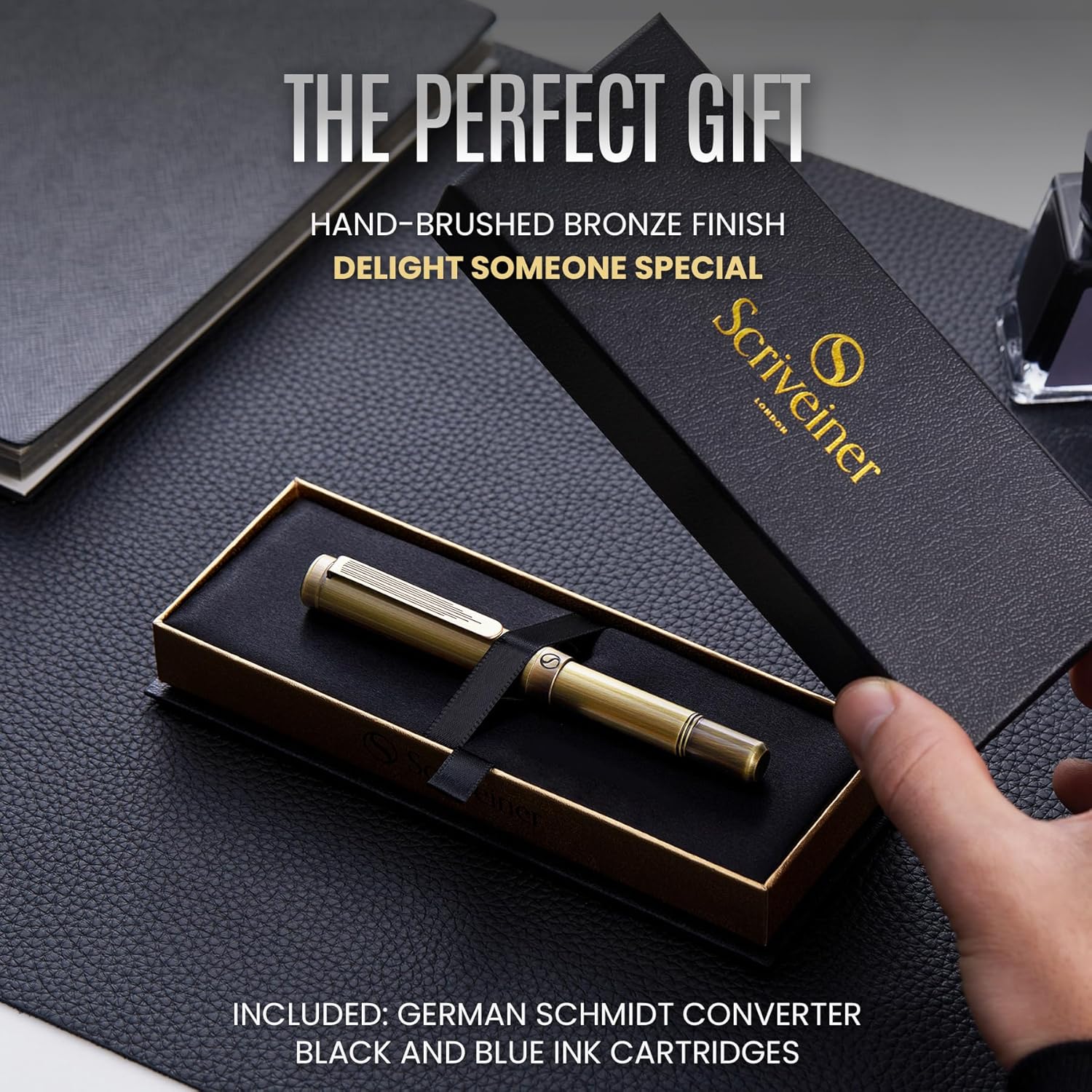 Scriveiner Luxury EDC Fountain Pen (Medium), Stunning Heavy Brass Pocket Pen, Hand Brushed Bronze Finish, Schmidt German Nib Converter, Best Writing Pen Gift Set for Men Women, Nice Fancy Designer Pen