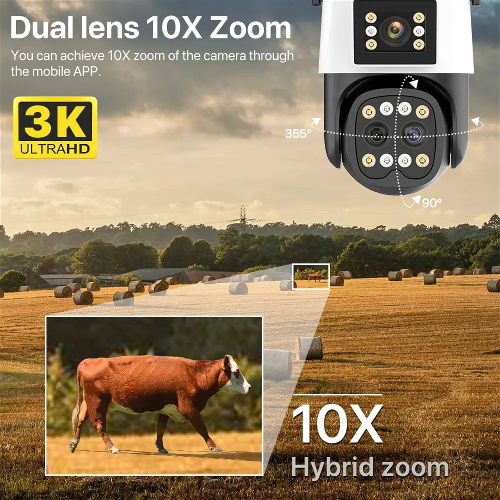 Kamera bezpieczeństwa, Zewnętrzna kamera IP Wi-Fi 4K HD 10X Zoom podwójny obiektyw dwuekranowa PTZ automatyczne śledzenie bezpieczeństwo nadzór audio-wideo(Camera Add 128G Card)