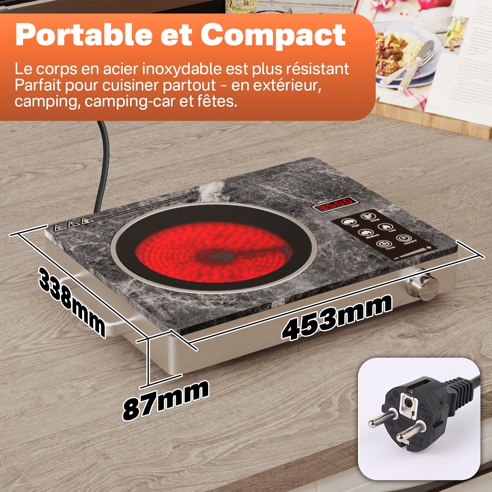 Plaque Vitrocéramique 3500W Infrarouge – Compatible avec Toutes les Casseroles, Verre Microcristallin, Sécurisée avec Arrêt Automatique, Design Marbre Écologique