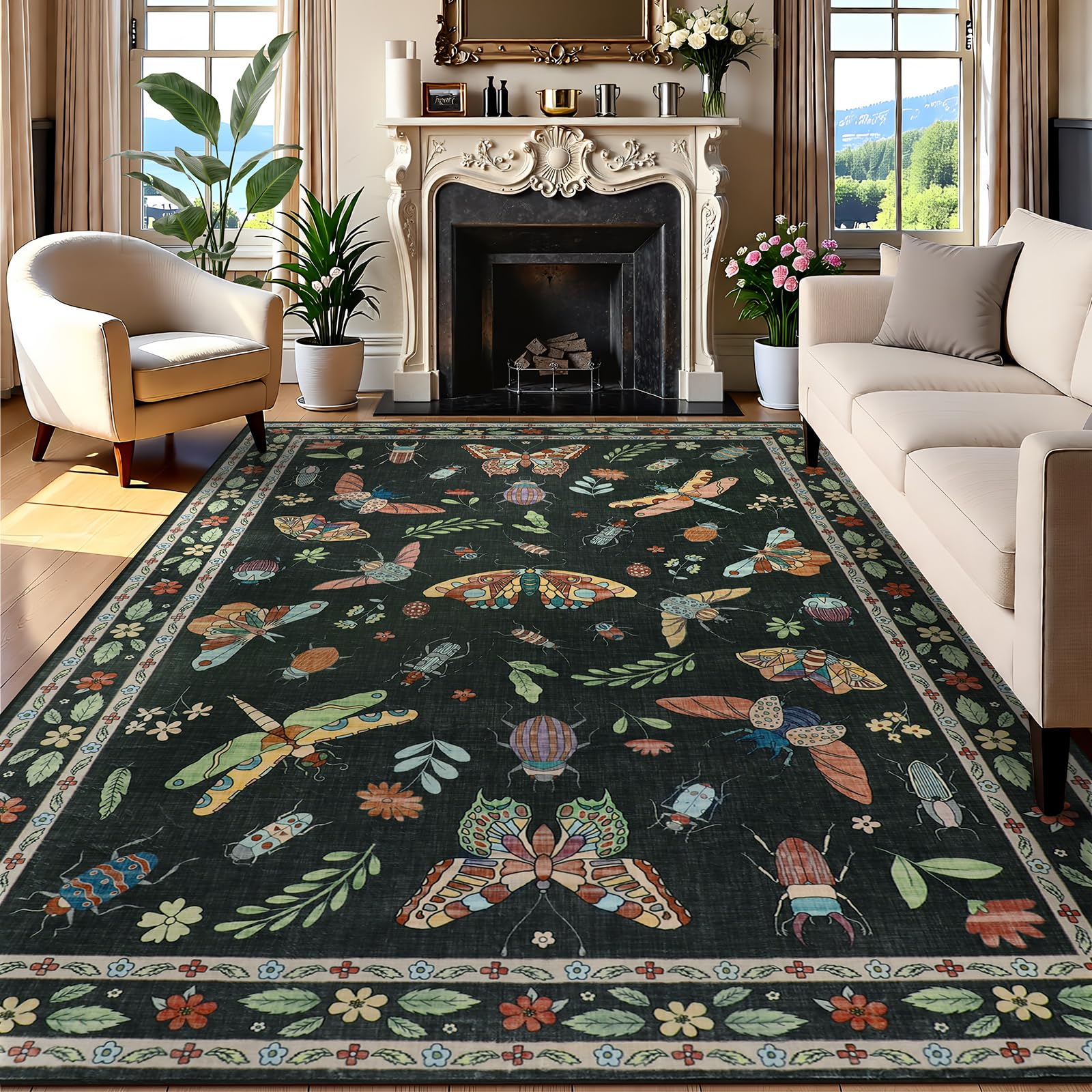 famibay Farmhouse Living Room Rugs 8x10, Insect Floral Printed Area Rug Living Room Thin Low Pile Dining Room Rugs Under Table Faux Wool Bedroom Rug