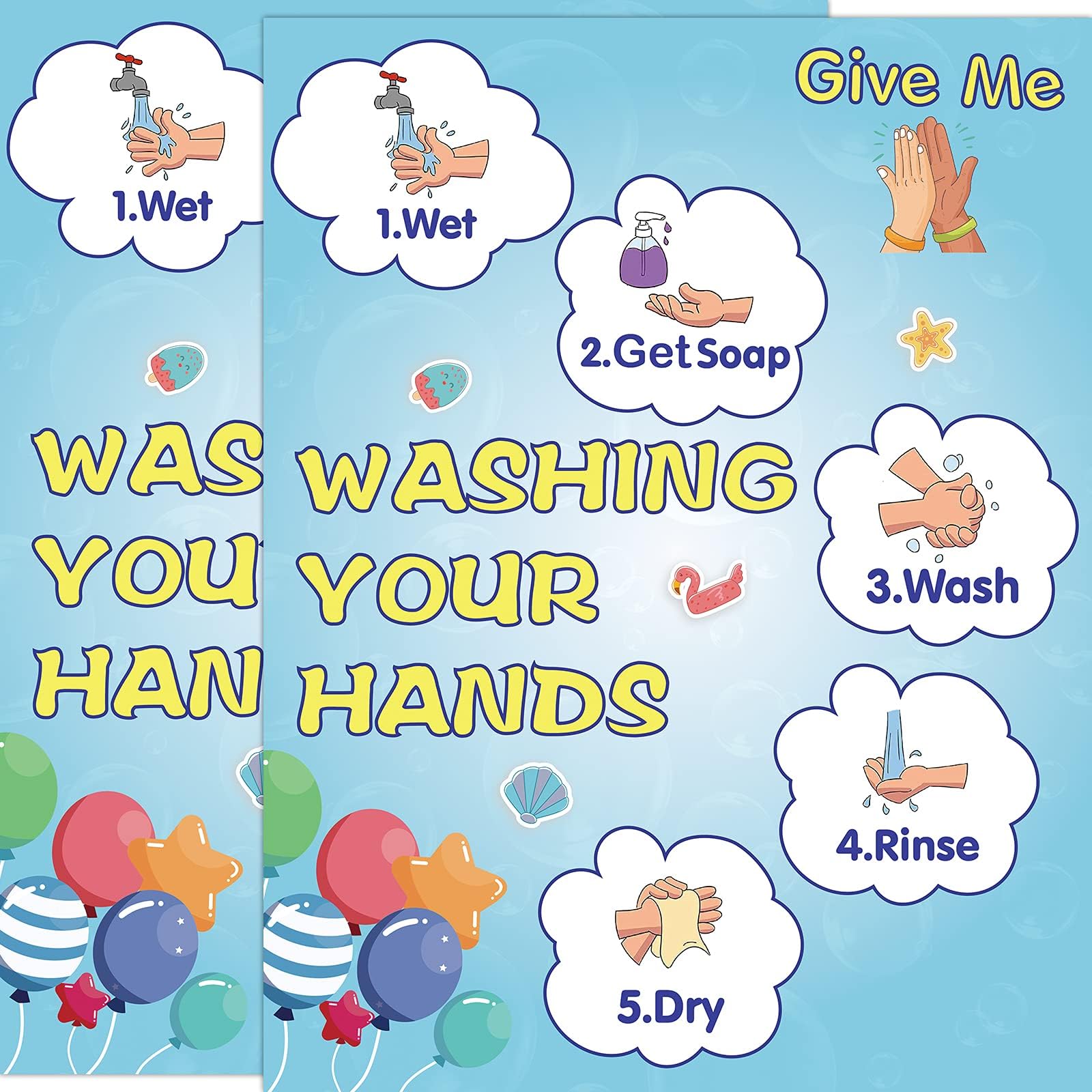 2 Pack Washing Your Hands Poster, Tear-Resistant and Water-Resistant Hand Washing Signs for Kids, 14×11 Inch Give Your Hands Poster for Classroom, How to Wash Your Hands Instruction Posters