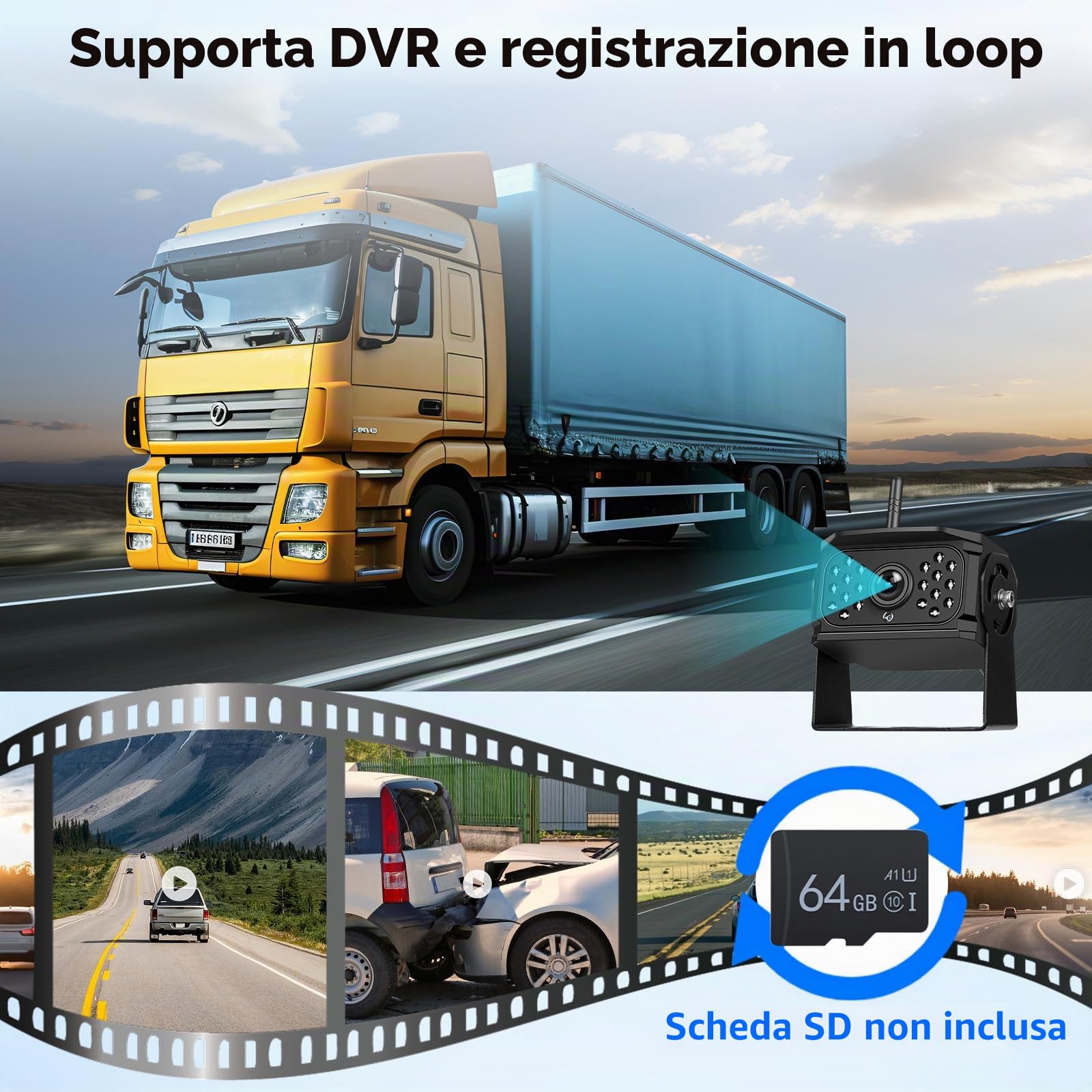 VECHTEL Telecamera Retromarcia Wireless 1080P con Monitor 7" IPS, Kit DVR+2 Telecamera Posteriore Auto, IP68, Visione Notturna, Linee Guida DIY, per Camion, Autobus, Van, Camper, SUV, Pick-up