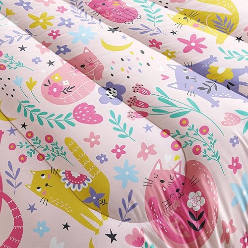 Miniatura 5 de QOOMO Juego de edredón floral de gato tamaño Queen, juego de edredón de gato rosa para niños, adolescentes y niñas, juego de ropa de cama de 3
