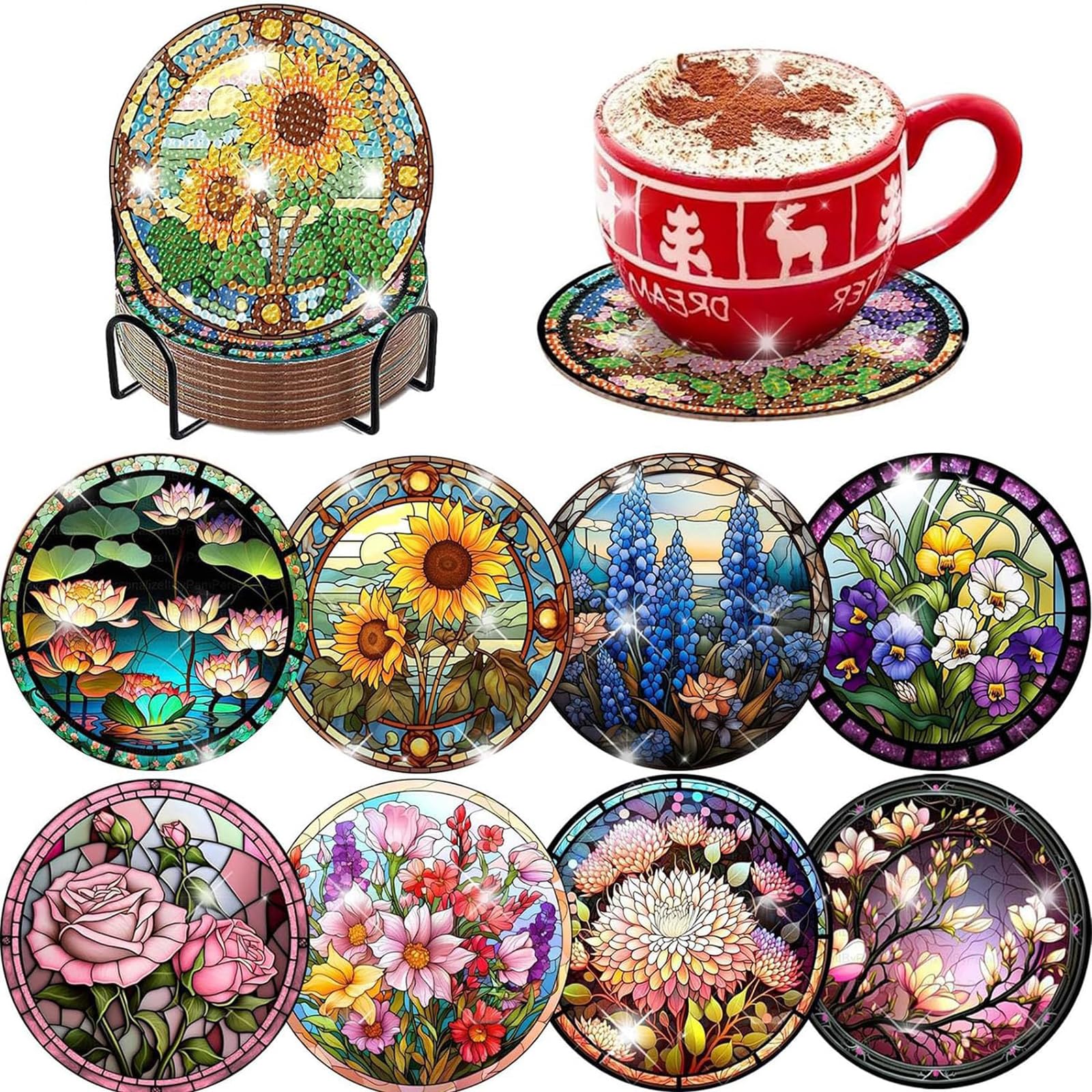 8-Piece Diamond Art Coasters Kit, Floral Theme Acrylic 5D Diamond Painting Coasters, Arts and Crafts for Adults and Home Table Decor-image-49