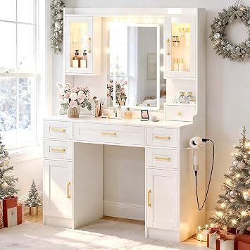 Vanity Desk with Mirror and LED Lights & Power Outlet | Large Makeup Vanity Table with 5 Drawers and 4 Storage Cabinets, White Dressing Table for Bedroom