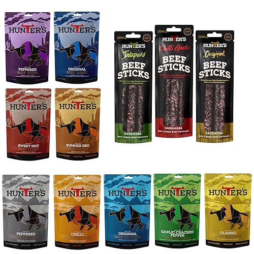Hunters Beef Snack 12 Pack Combo – 28g Biltong, 28g Jerky, 40g Beef Sticks Droewors, High Protein, low carb, Thin sticks of authentic Droewors, Convenient Snack