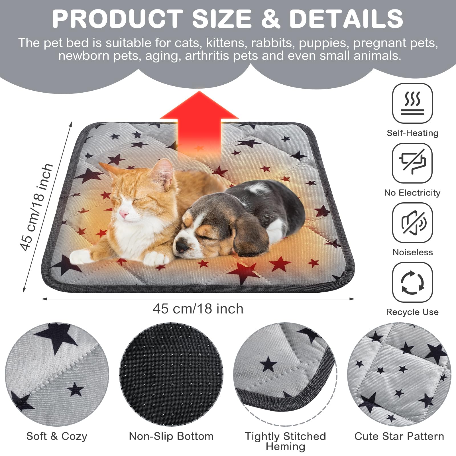 Namalu 4 Pack Self Warming Cat Bed Self Heating Cat Mat Star Pattern Soft Dog Crate Pad Thermal Pet Mat Anti Slip Kennel Washable Dog Warming Bed for Outdoor Indoor(18 x 18 Inch,Square) - Image 2
