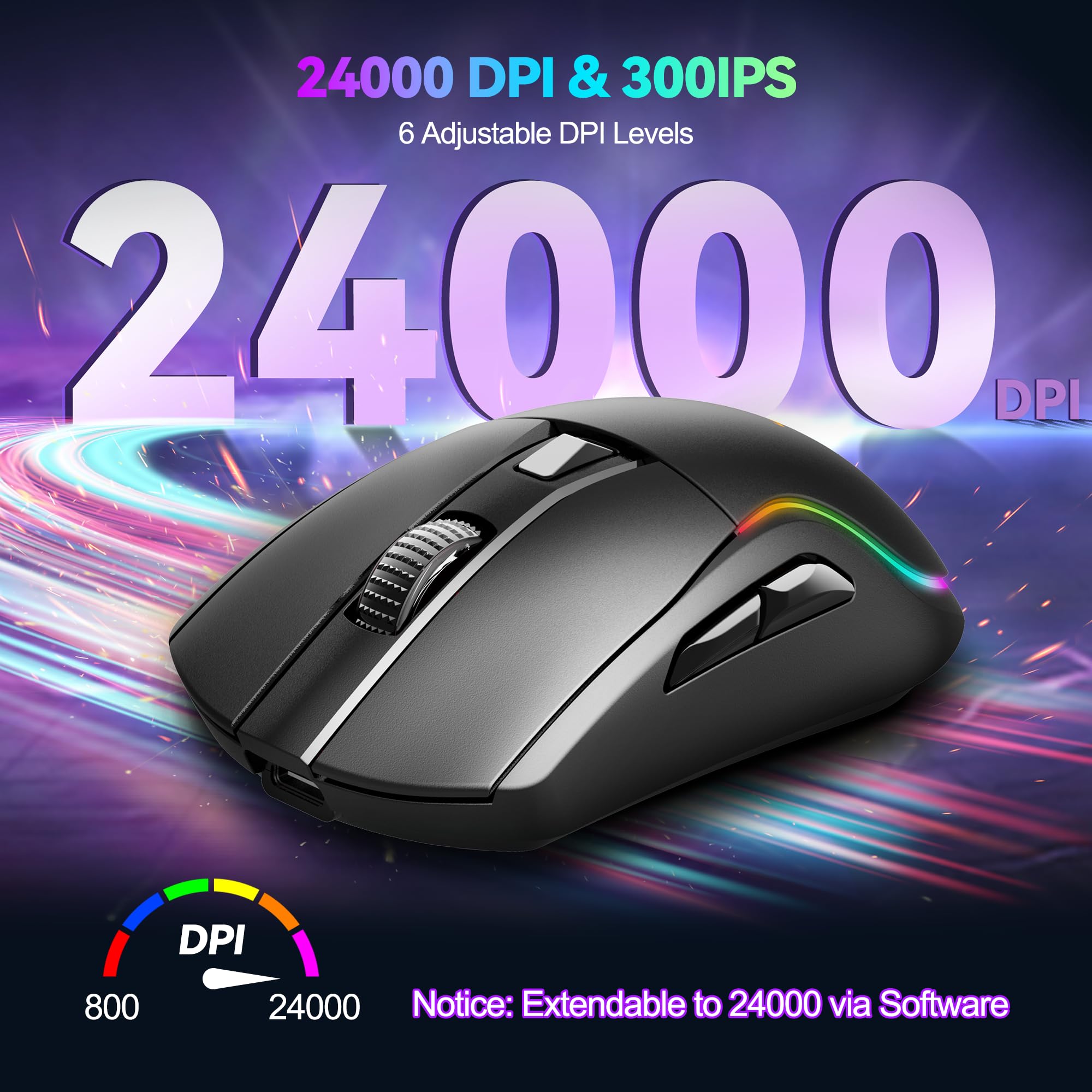 TECKNET Mouse da gioco senza fili, 24000 DPI con tre modalità di connessione e 6 luci RGB, ricaricabile, mouse ergonomico Bluetooth, velocità di interrogazione 1000 Hz e 6 tasti programmabili per PC