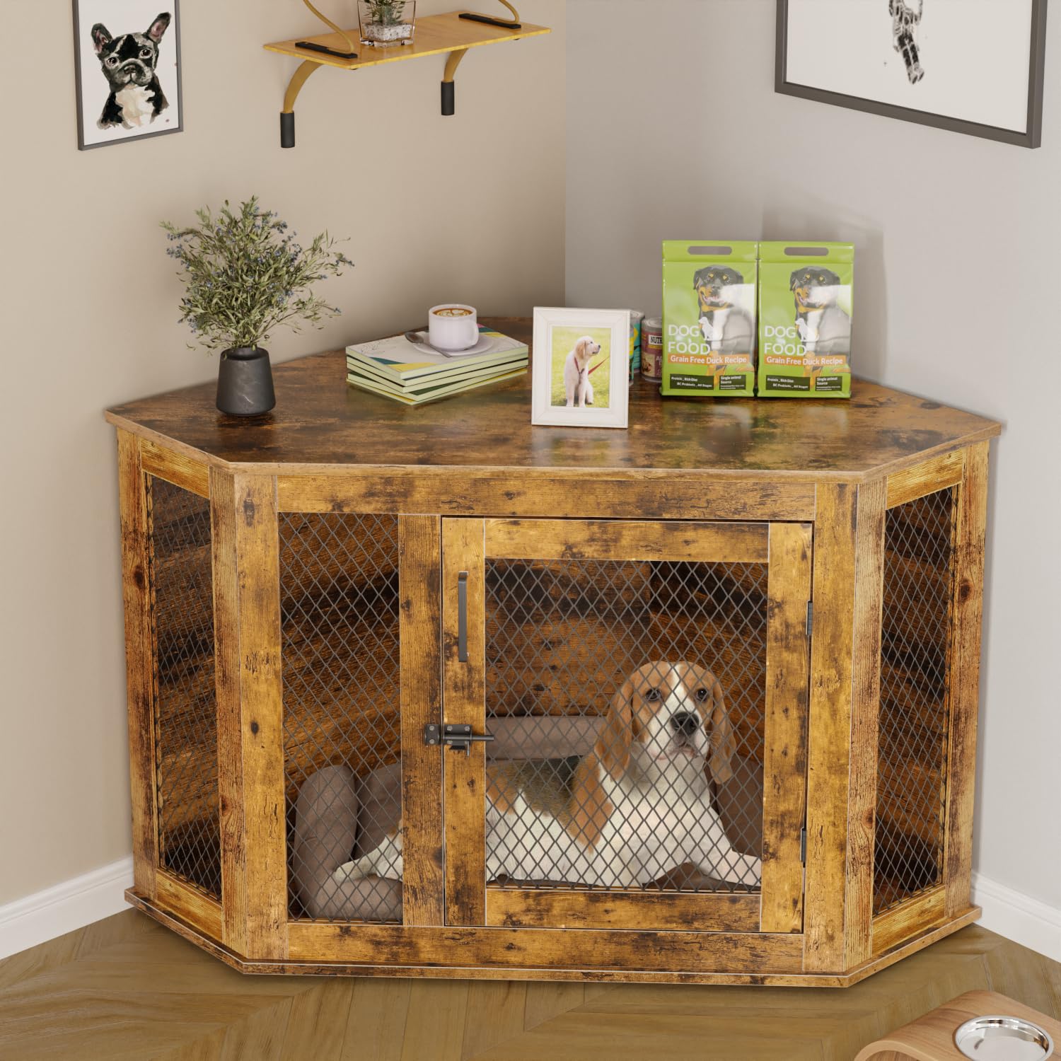 PUKAMI 44inch Corner Dog Crate Furniture,Wooden Dog Kennel Furniture with Mesh,Decorative Wood Dog House for Indoor use,for Small/Medium/Large Dog,