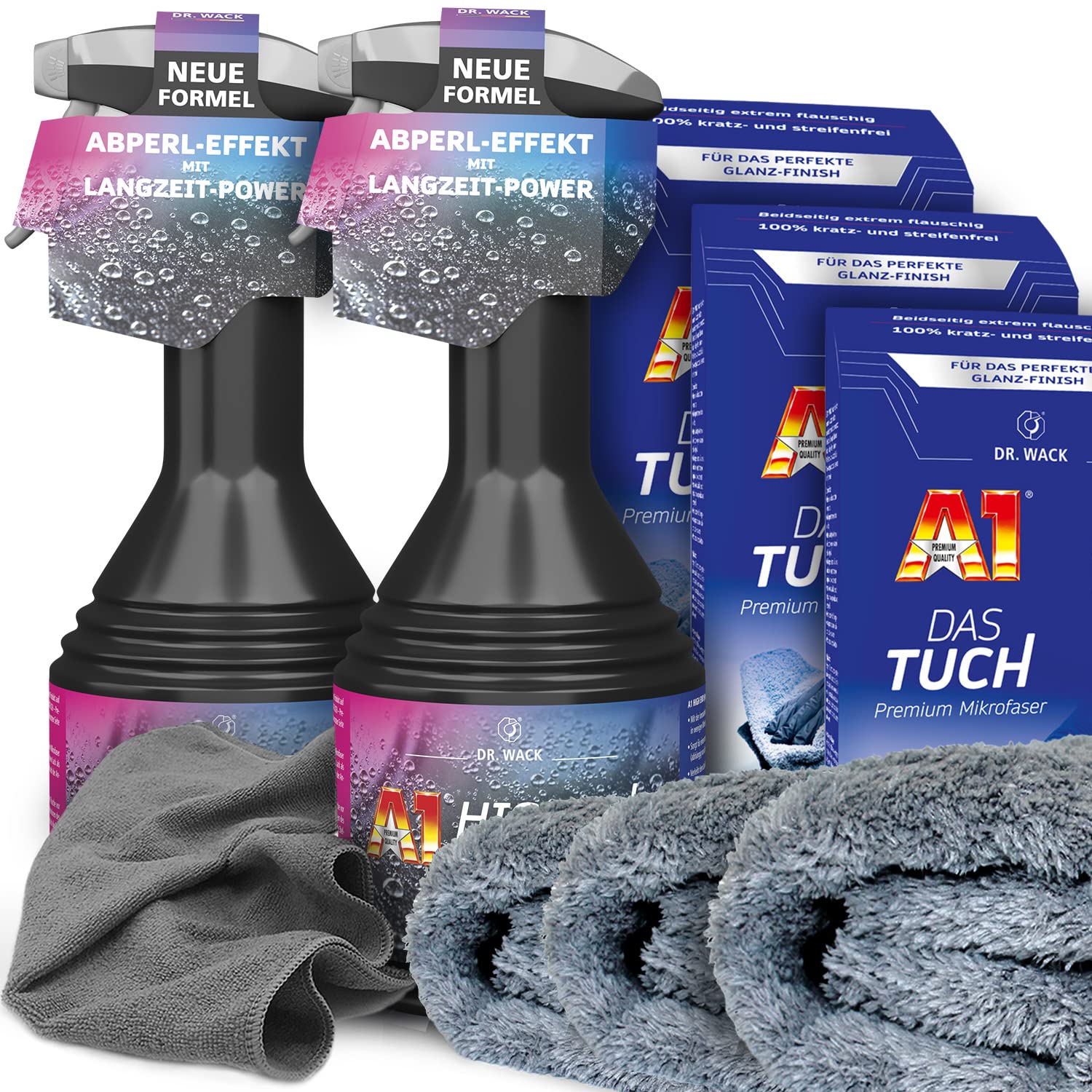 Autopflege Set: 2x Dr. Wack A1 HIGH END Spray Wax Lackversiegelung Autowachs + 3x Dr. Wack DAS TUCH + Premium Mikrofaser Poliertuch 40x40cm