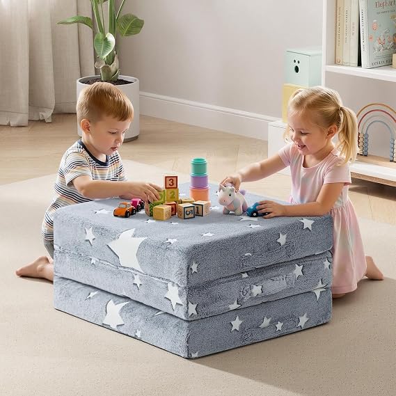 MeMoreCool Glow Star Kids Foldable Floor Mattress Trifold, 57x22 Inch Grey