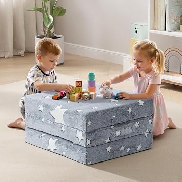MeMoreCool Glow Star Kids Foldable Floor Mattress Trifold, 57x22 Inch Grey