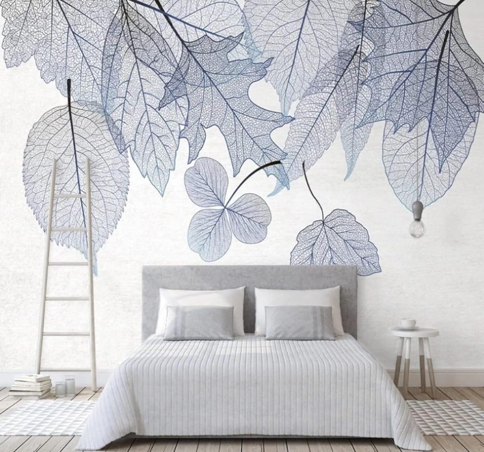 XLMING Minimalist Hand Drawn Blue Leaves Art 3D Wallpaper Luxury Silk Study Dining Feature Sofa Grey Bedroom Living Room Tv Decorative Wall-350cm×256cm