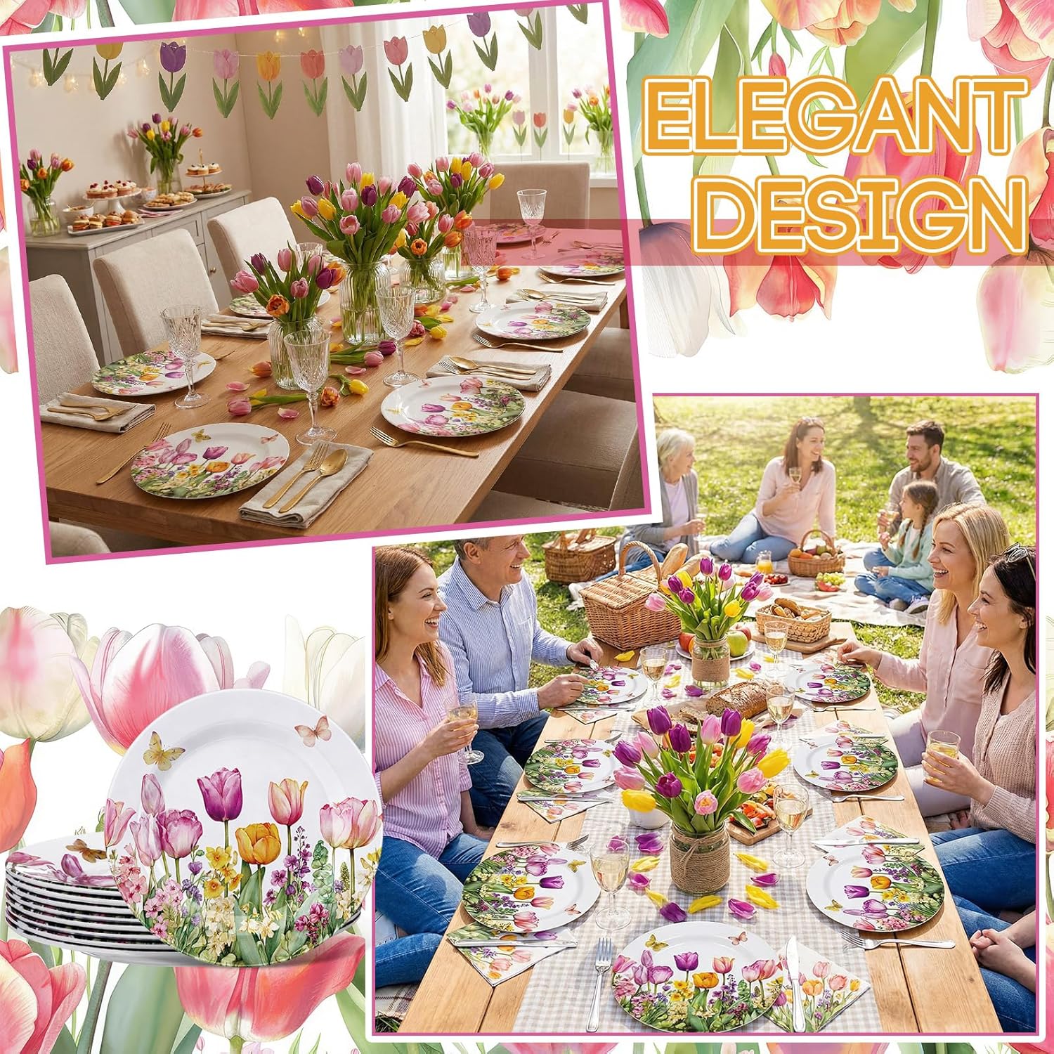Qinyoung 8 Pcs Tulip Salad Plates 8" Melamine Spring Dinner Plates Plastic Dishes Summer Dinnerware for Wedding Baby Shower Birthday Party Supplies Table Decorations