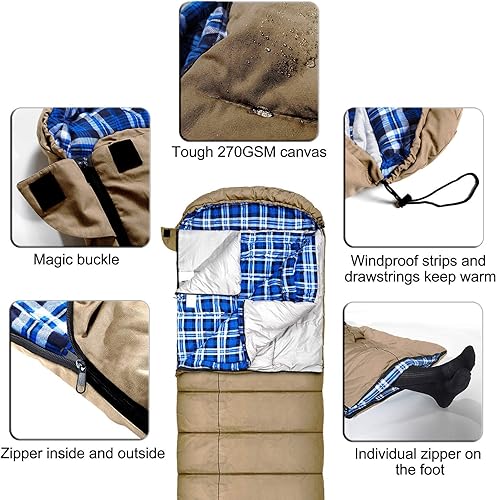 Miniatura 6 de Saco de dormir de lona de 0 grados para pesca, caza, viajes y campamento, especialmente en invierno frío al aire libre con forro de franela