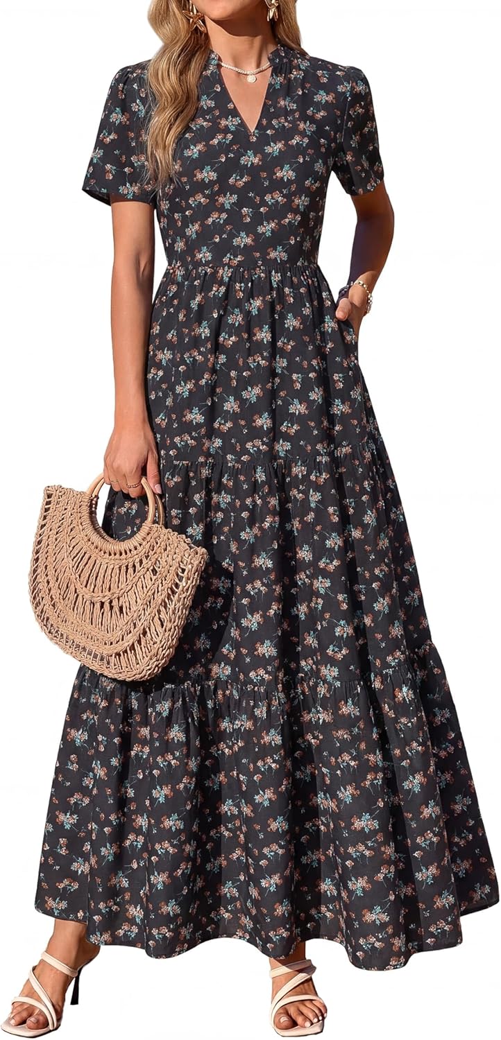 KIRUNDO Floral Maxi Dresses for Women Summer 2026 Short Sleeve V Neck Boho Flowy A Line Long Dress Beach Vacation Clothes