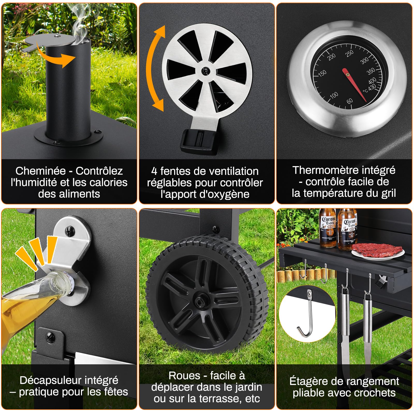 LIFERUN Barbecue Charbon de Bois XXL avec Cheminée, Grand Chariot avec Couvercle, Roues, Thermomètre, Fumoir Smoker